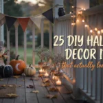 Cozy front porch decorated for Halloween with painted pumpkins, glass jar candle lanterns, rustic WELCOME sign, warm string lights, and autumn leaves.