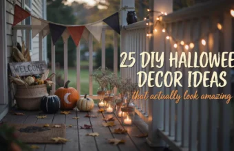 Cozy front porch decorated for Halloween with painted pumpkins, glass jar candle lanterns, rustic WELCOME sign, warm string lights, and autumn leaves.