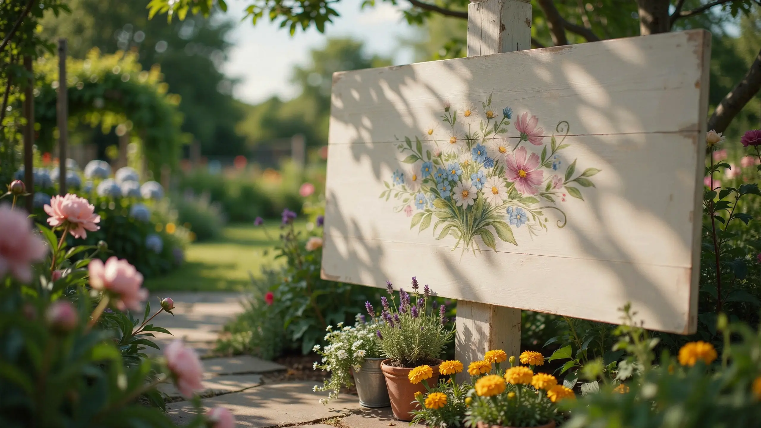 DIY hand-painted white wooden floral sign featuring pink and blue wildflowers, placed in a sunny garden path alongside potted lavender and marigolds. 