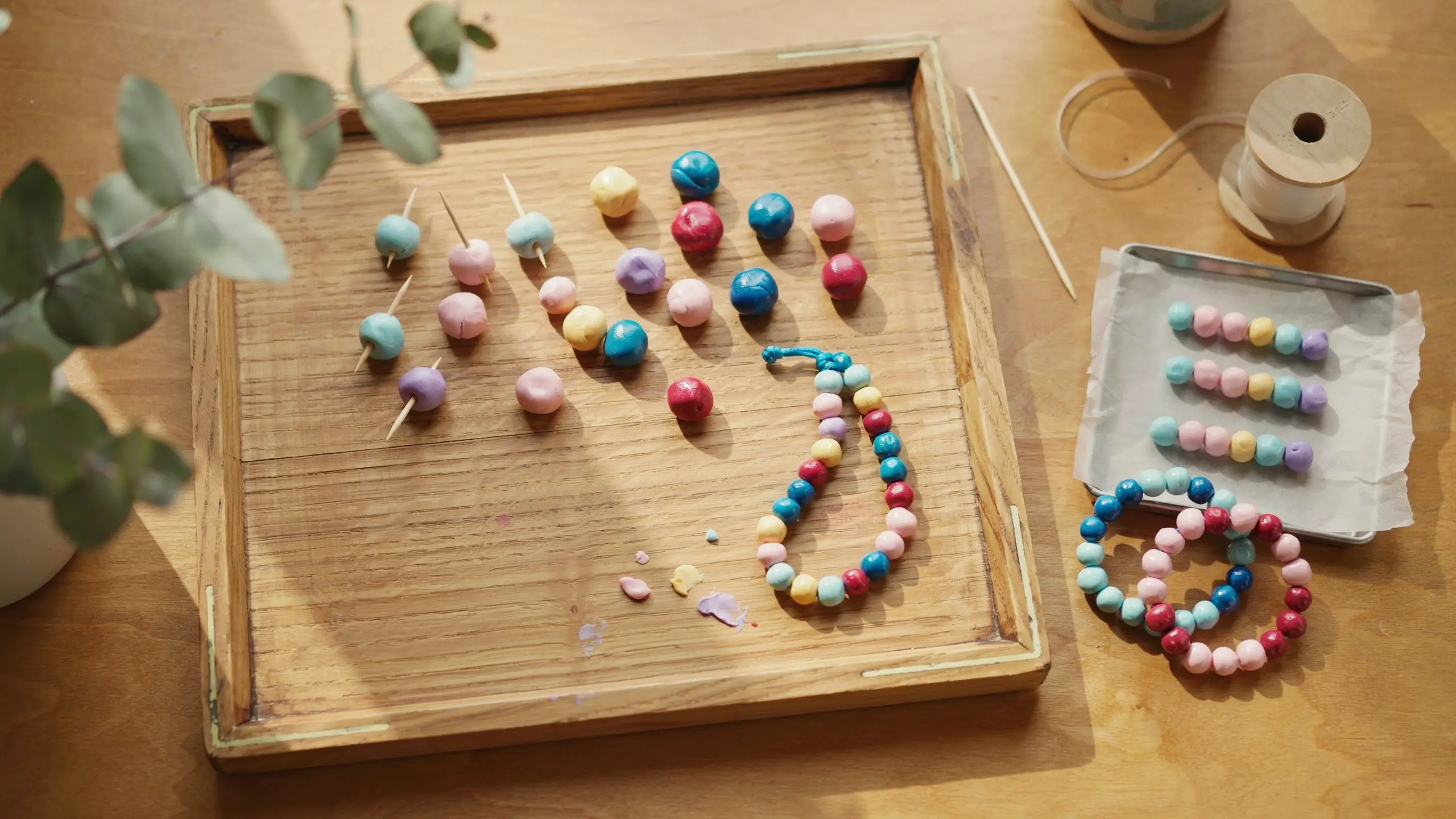 Close-up of pastel polymer clay beads drying on toothpicks on a wooden tray, next to a finished handmade bead bracelet, elastic cord, and crafting supplies.