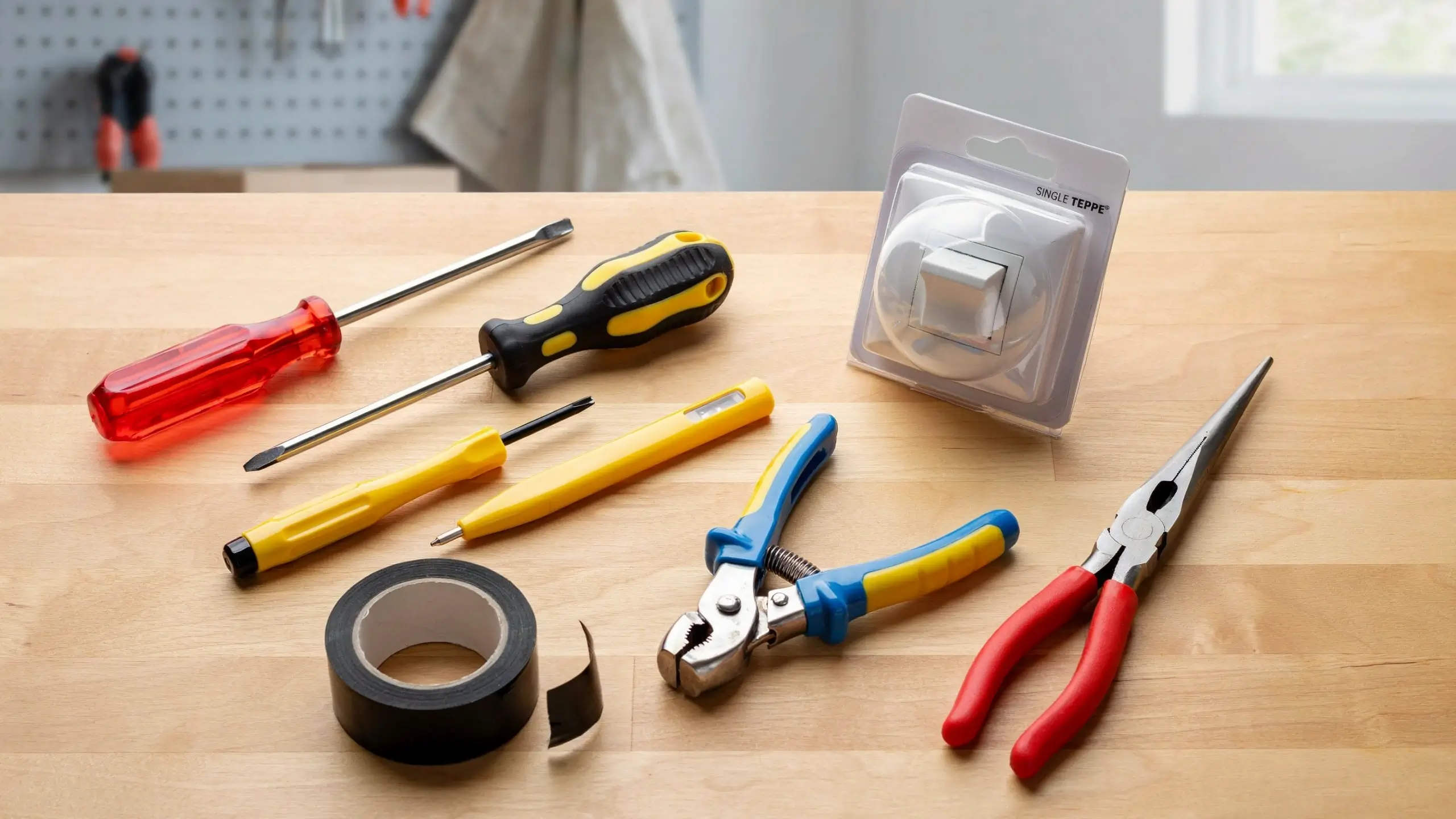 Essential electrical tools laid out on a wooden workbench including a single-pole switch, insulated red and yellow screwdrivers, wire strippers, needle-nose pliers, and black electrical tape, ready for a DIY home repair project.