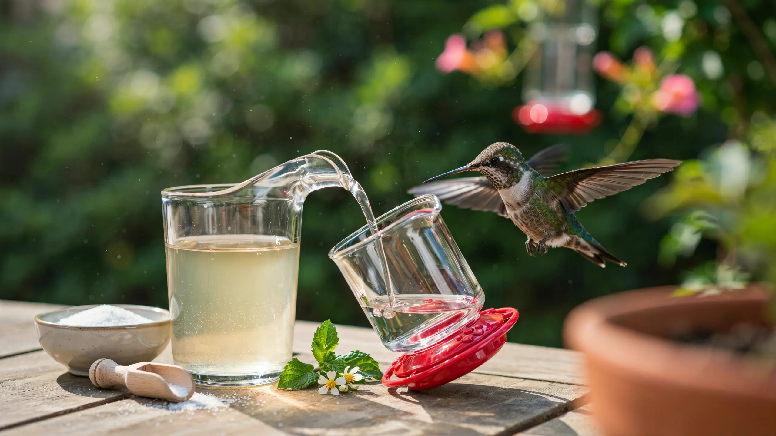 Ruby-throated hummingbird hovering near a glass pitcher pouring clear, homemade hummingbird nectar made from pure white sugar and water, showcasing a safe, red-dye-free alternative for backyard bird feeders.
