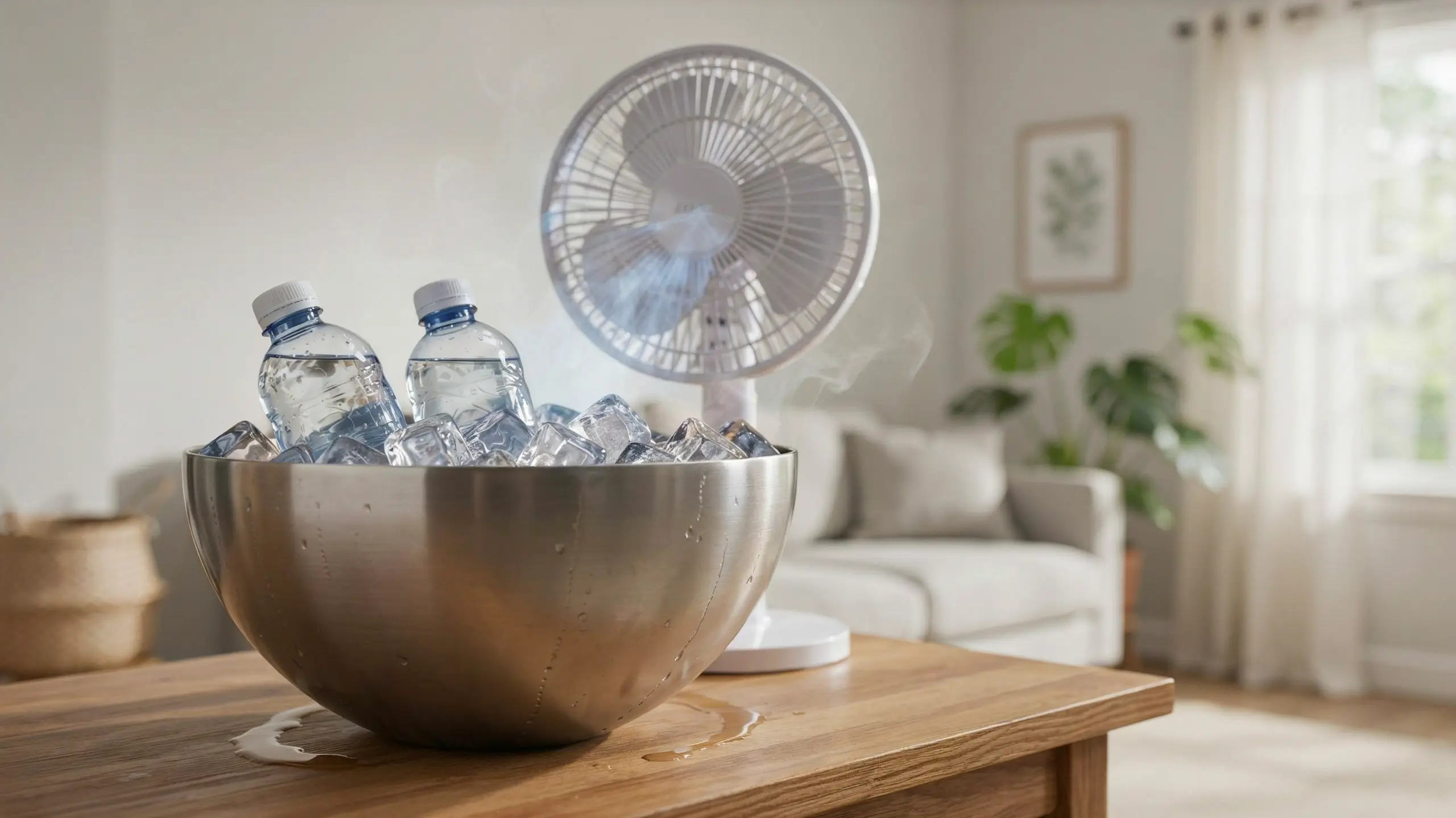 A stainless steel bowl filled with ice cubes and chilled water bottles positioned directly in front of a white table fan, producing cool mist for a living room.