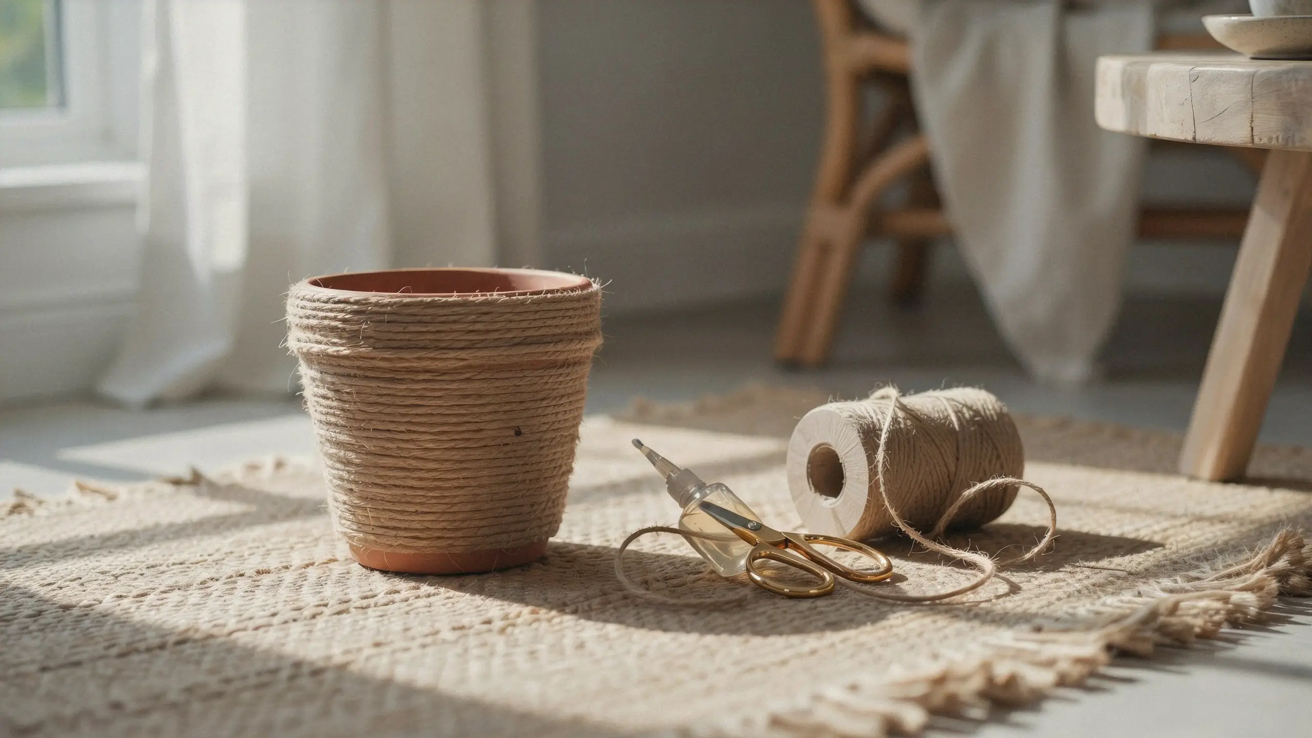 DIY jute twine wrapped terracotta pot craft with gold scissors and twine spool on a woven rug. 