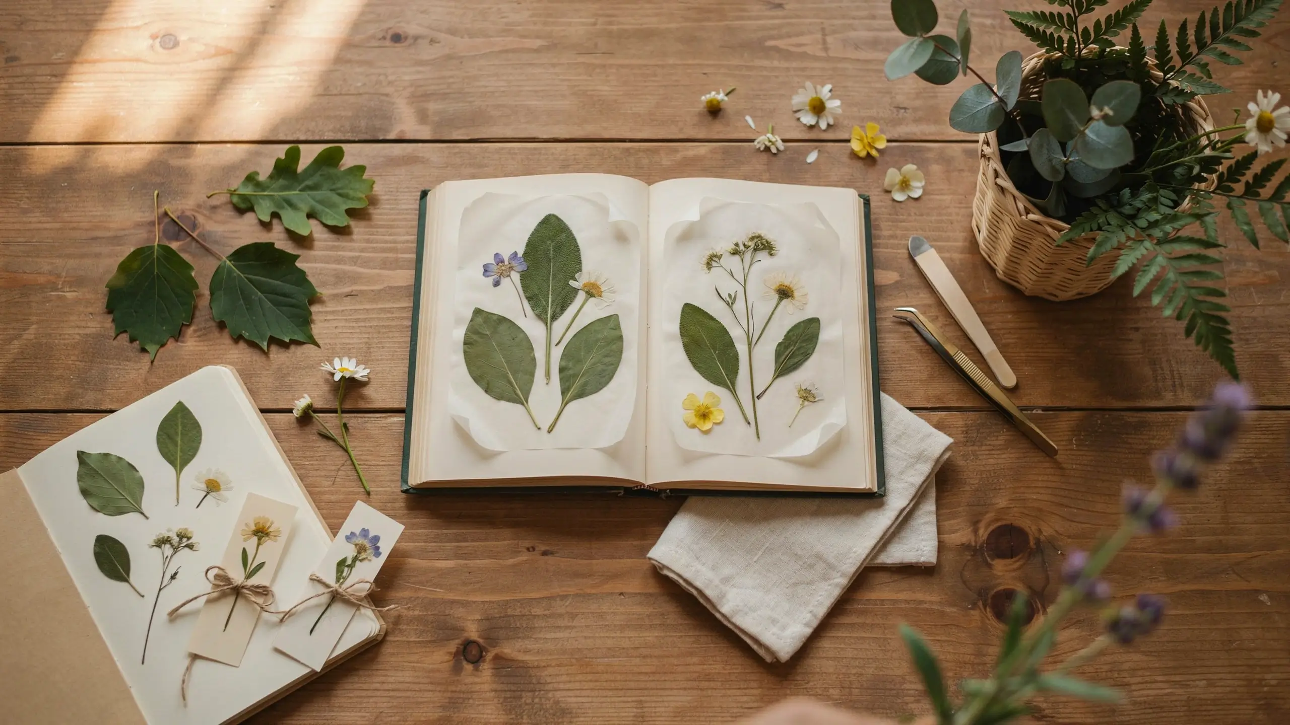 An open botanical herbarium diary displaying pressed green leaves, a white daisy, yellow wildflowers, and a purple bloom, surrounded by precision tweezers, a small potted fern, and loose flora on a rustic wooden tabletop.