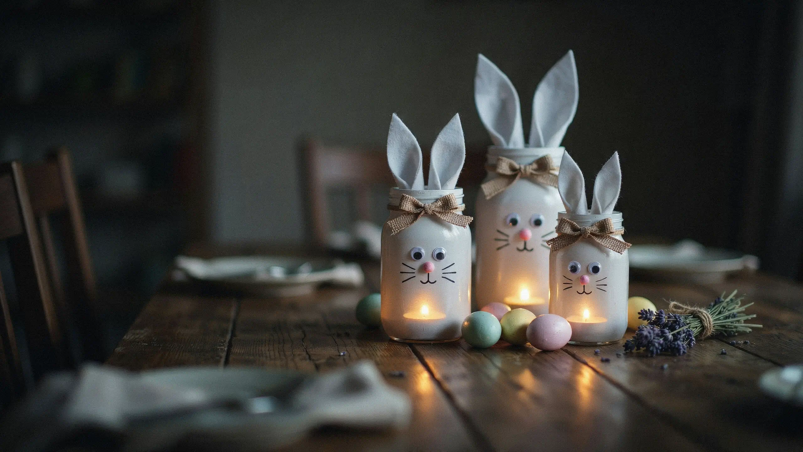 "Close-up of a rustic DIY Easter centerpiece featuring three white painted glass mason jar bunny lanterns with glowing tea lights inside, decorated with felt ears, googly eyes, pink noses, whiskers, and burlap bows, sitting on a dark wooden table alongside pastel Easter eggs and sprigs of dried lavender." 