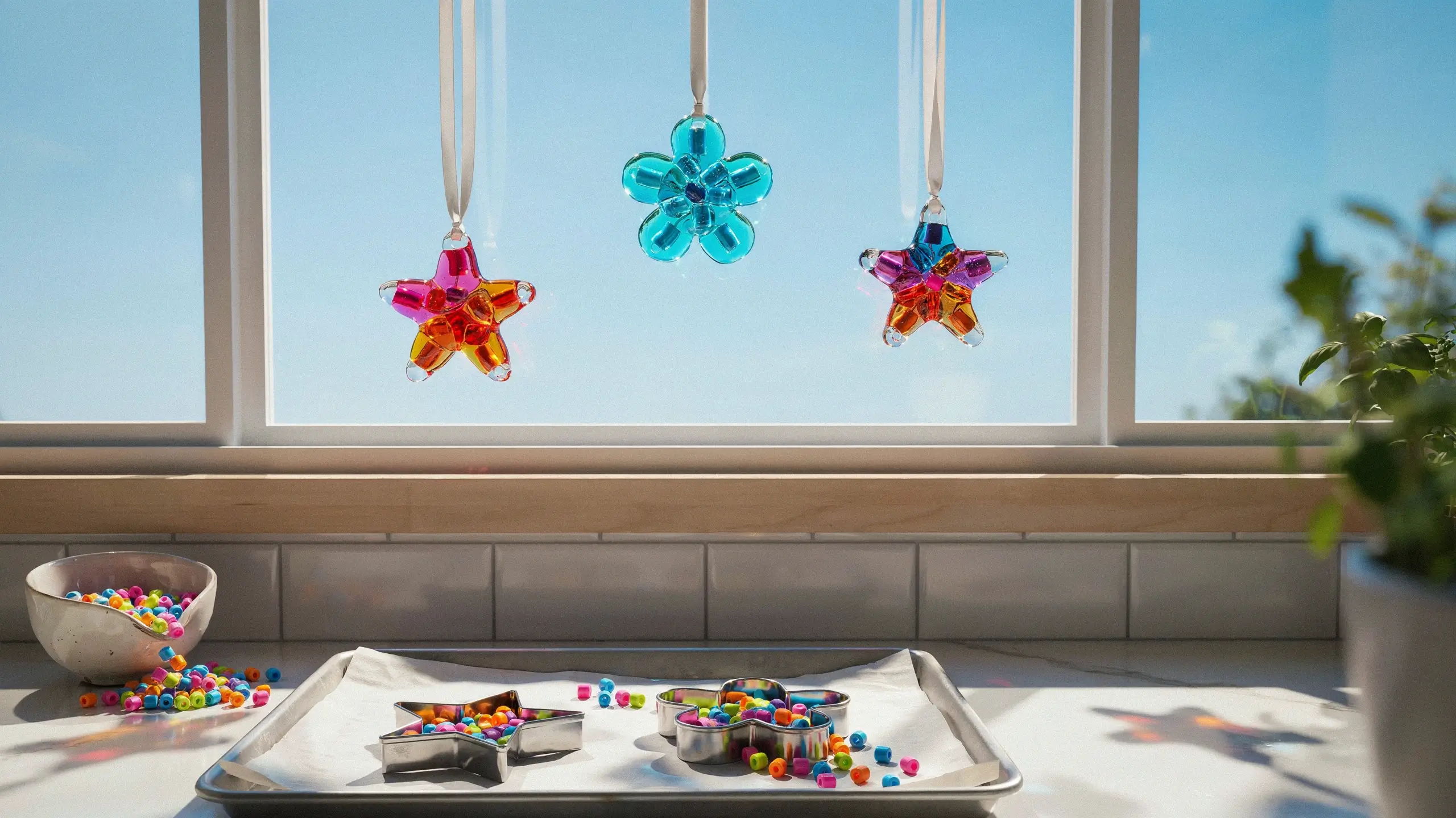 Homemade DIY window sun catchers made from melted colorful plastic beads hanging on white ribbons in front of a clear blue sky.