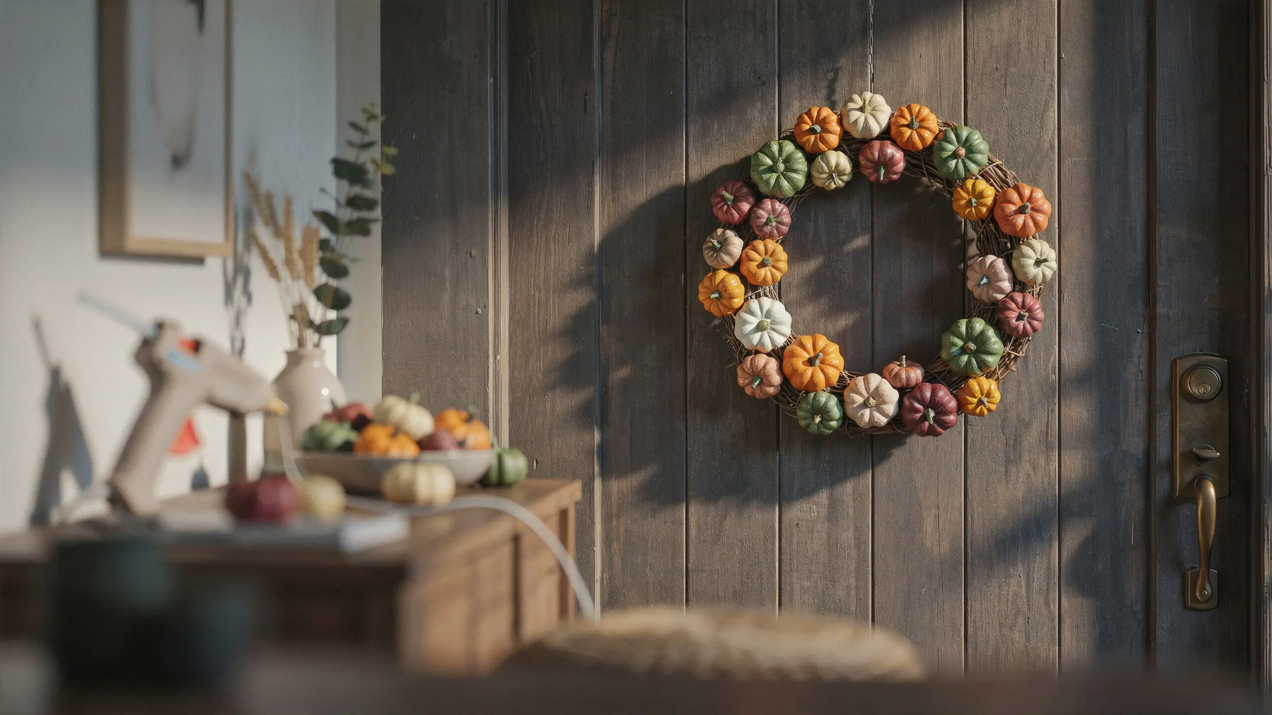 A handcrafted DIY fall pumpkin wreath made of orange, green, white, and burgundy mini pumpkins hanging on a rustic dark wood door, with a hot glue gun and crafting supplies on a table in the foreground, illustrating a creative family craft night project.