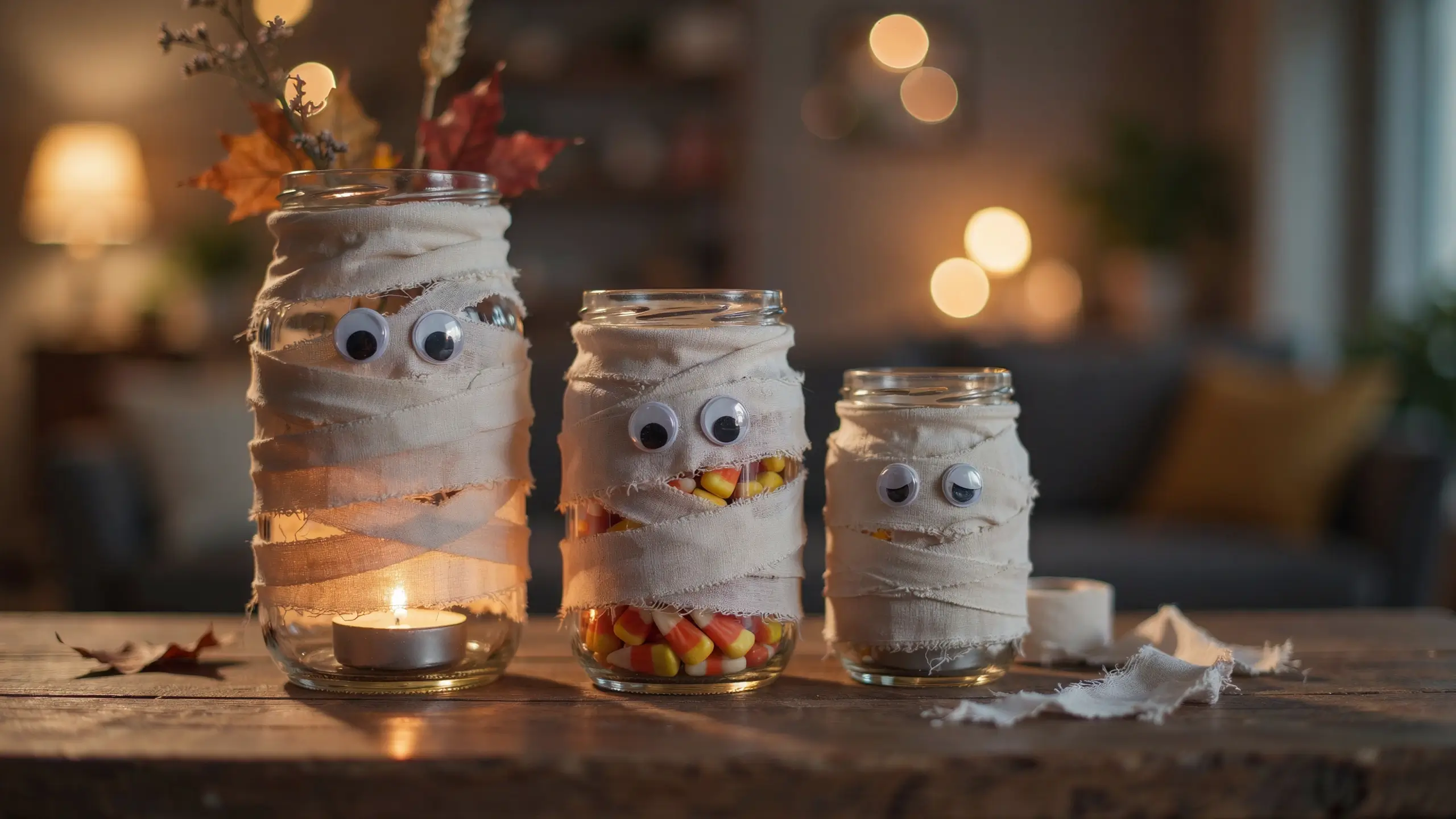 Three glass mason jars wrapped in frayed beige fabric strips to resemble mummies, featuring googly eyes, holding a lit tea light candle, colorful candy corn, and autumn foliage on a rustic wooden table for cozy Halloween decor. 