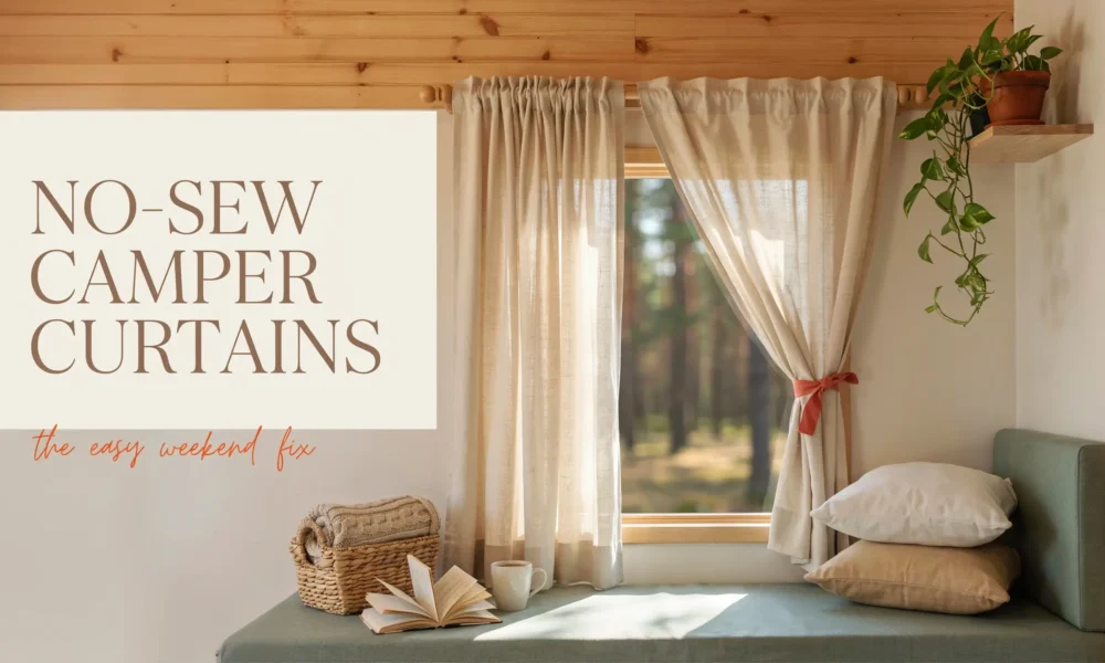 Beige no-sew camper curtains tied back with a red ribbon on an RV window, set within a cozy interior featuring an open book, a coffee mug, and a greening potted plant on a wooden shelf.
