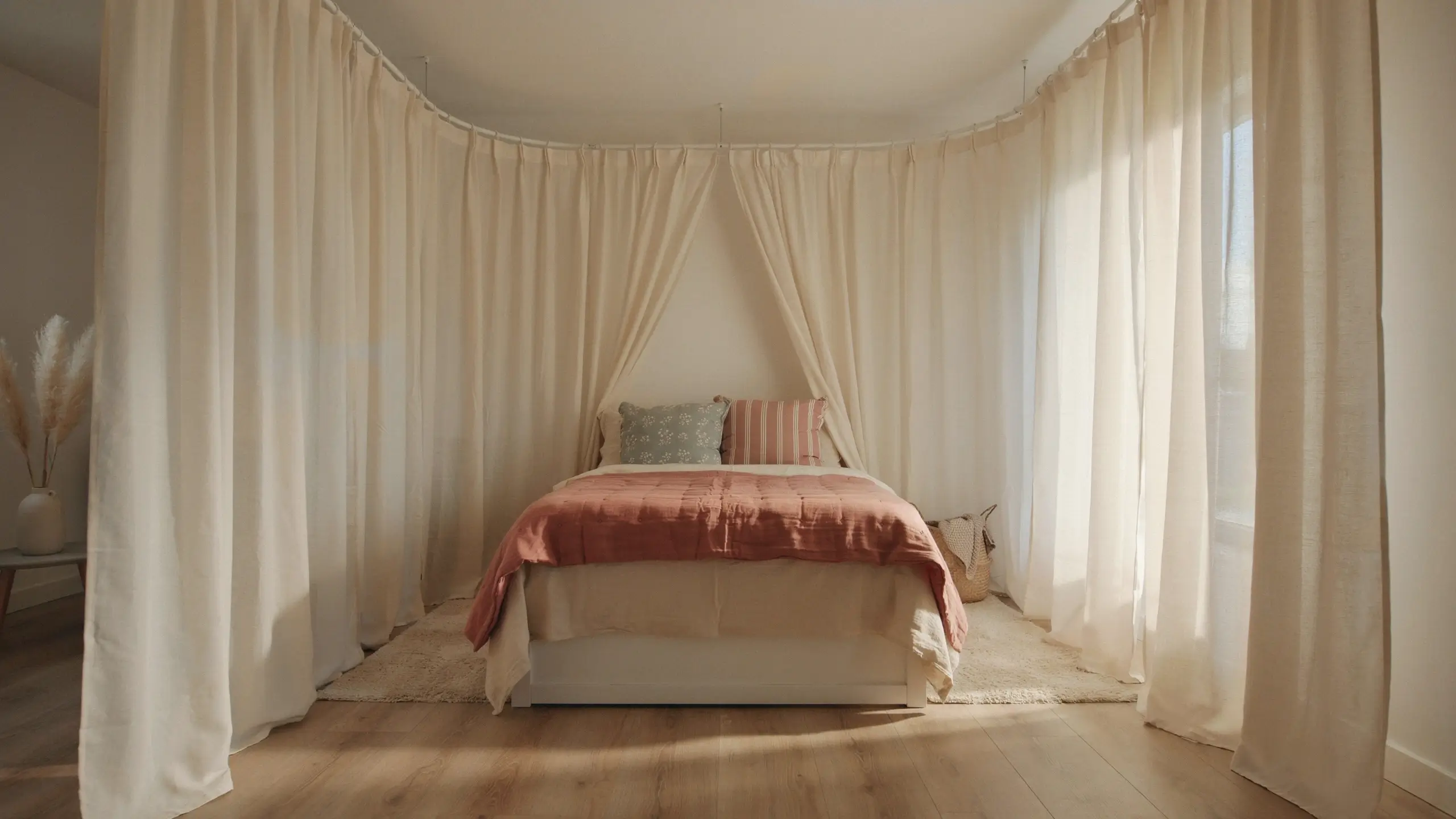"Cozy bedroom interior featuring a white no-sew fabric canopy suspended from a curved ceiling track, creating a central focal point over a bed dressed with a rust-colored quilt, floral pillow, and striped accent pillow." 