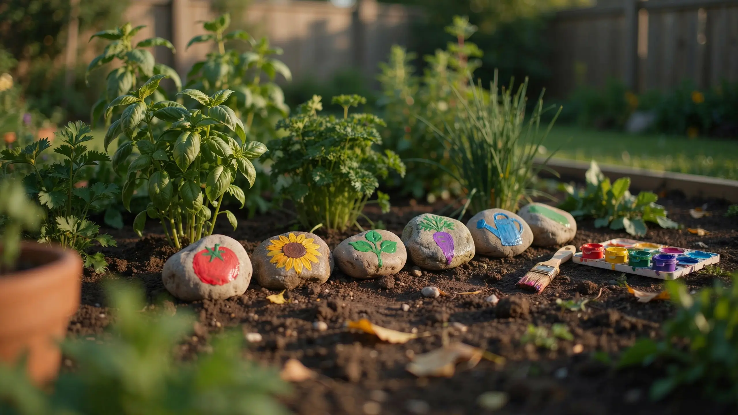 Hand-painted rock garden markers with tomato, sunflower, seedling, eggplant and watering can designs in a herb bed.