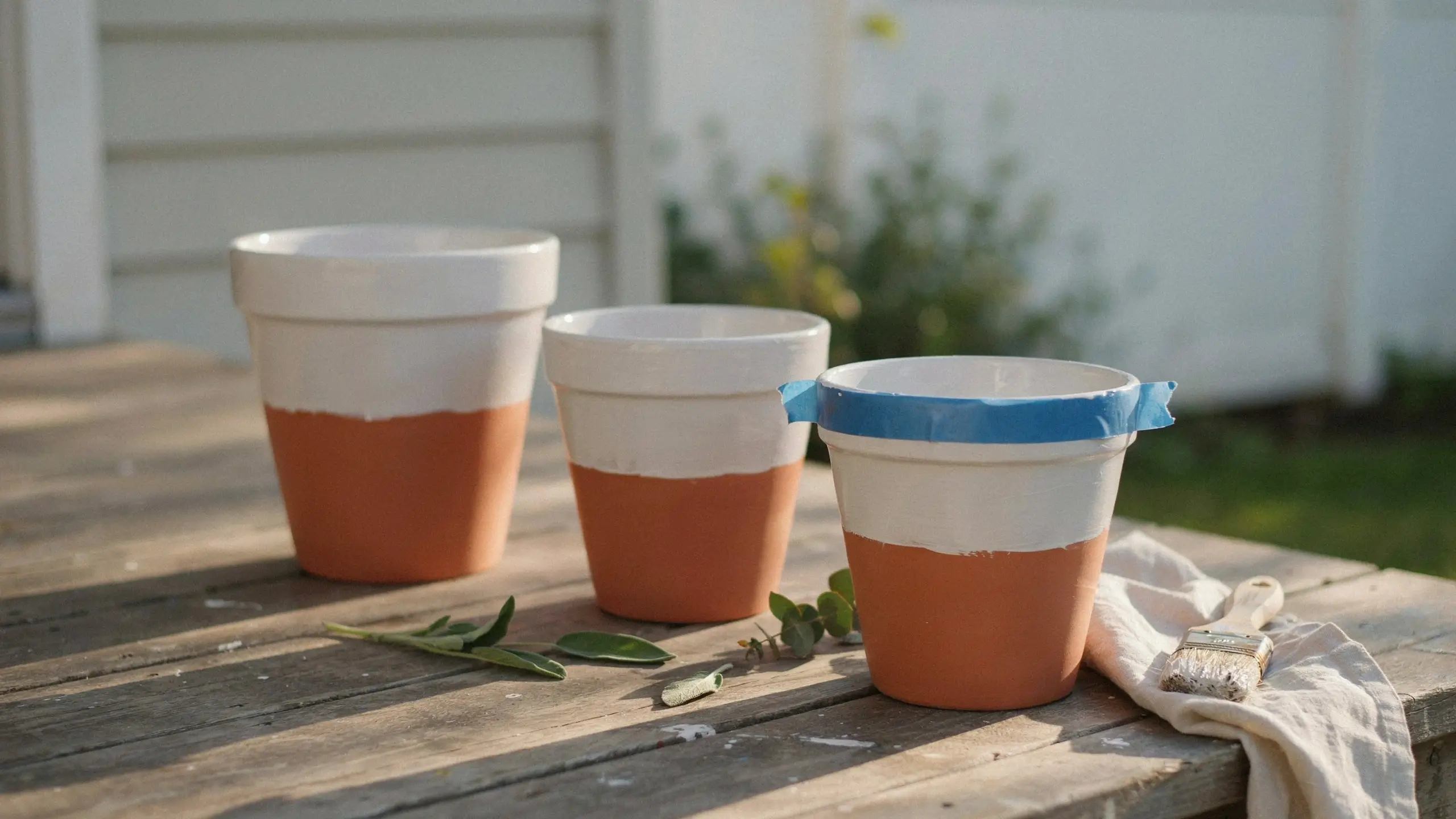 DIY two-tone painted terracotta pots with blue painter's tape on rustic outdoor wooden table. 