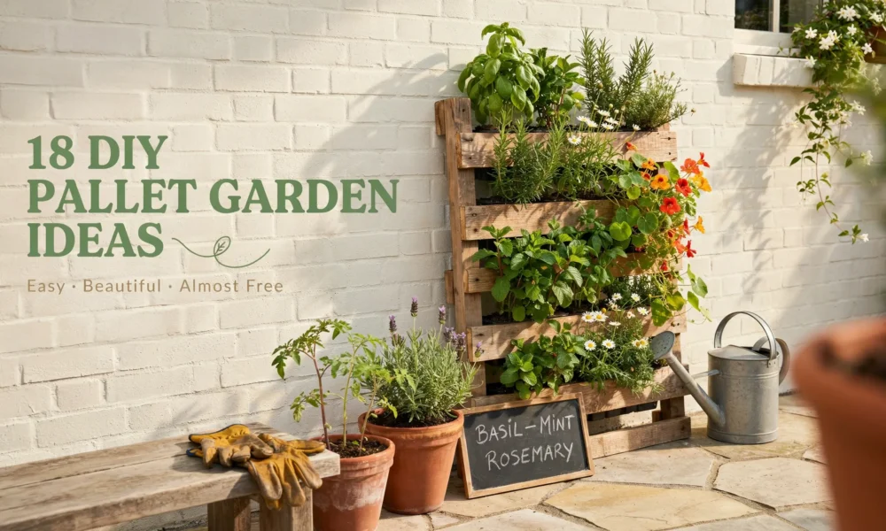 DIY pallet garden ideas featuring vertical planter boxes filled with fresh basil, mint, and rosemary herbs, offering an easy and almost free backyard gardening solution.