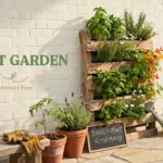 DIY pallet garden ideas featuring vertical planter boxes filled with fresh basil, mint, and rosemary herbs, offering an easy and almost free backyard gardening solution.