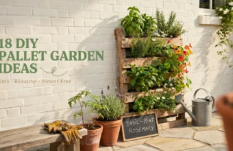 DIY pallet garden ideas featuring vertical planter boxes filled with fresh basil, mint, and rosemary herbs, offering an easy and almost free backyard gardening solution.