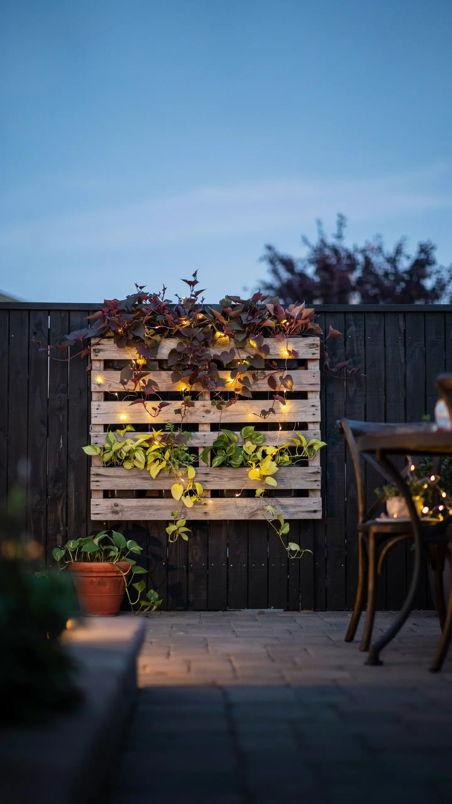A rustic wooden pallet mounted vertically on a dark wood privacy fence, decorated with cascading deep burgundy and bright green trailing vines intertwined with warm glowing fairy lights, creating a cozy outdoor patio ambiance at twilight. 