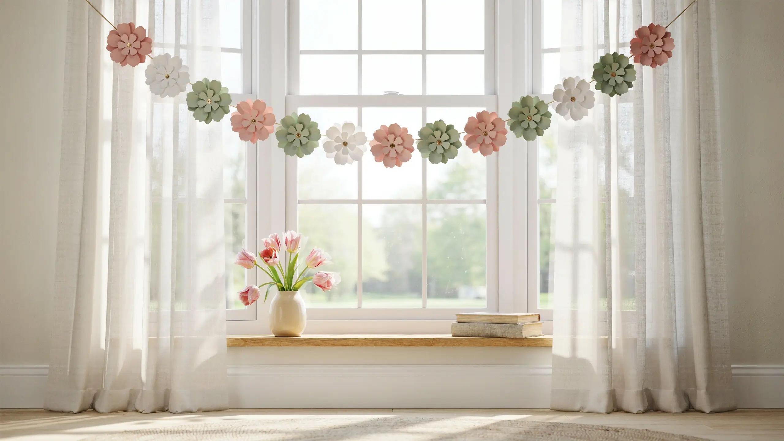 Pastel pink, white, and sage green DIY paper flower garland styled across a large white window with sheer curtains and a vase of pink spring tulips. 