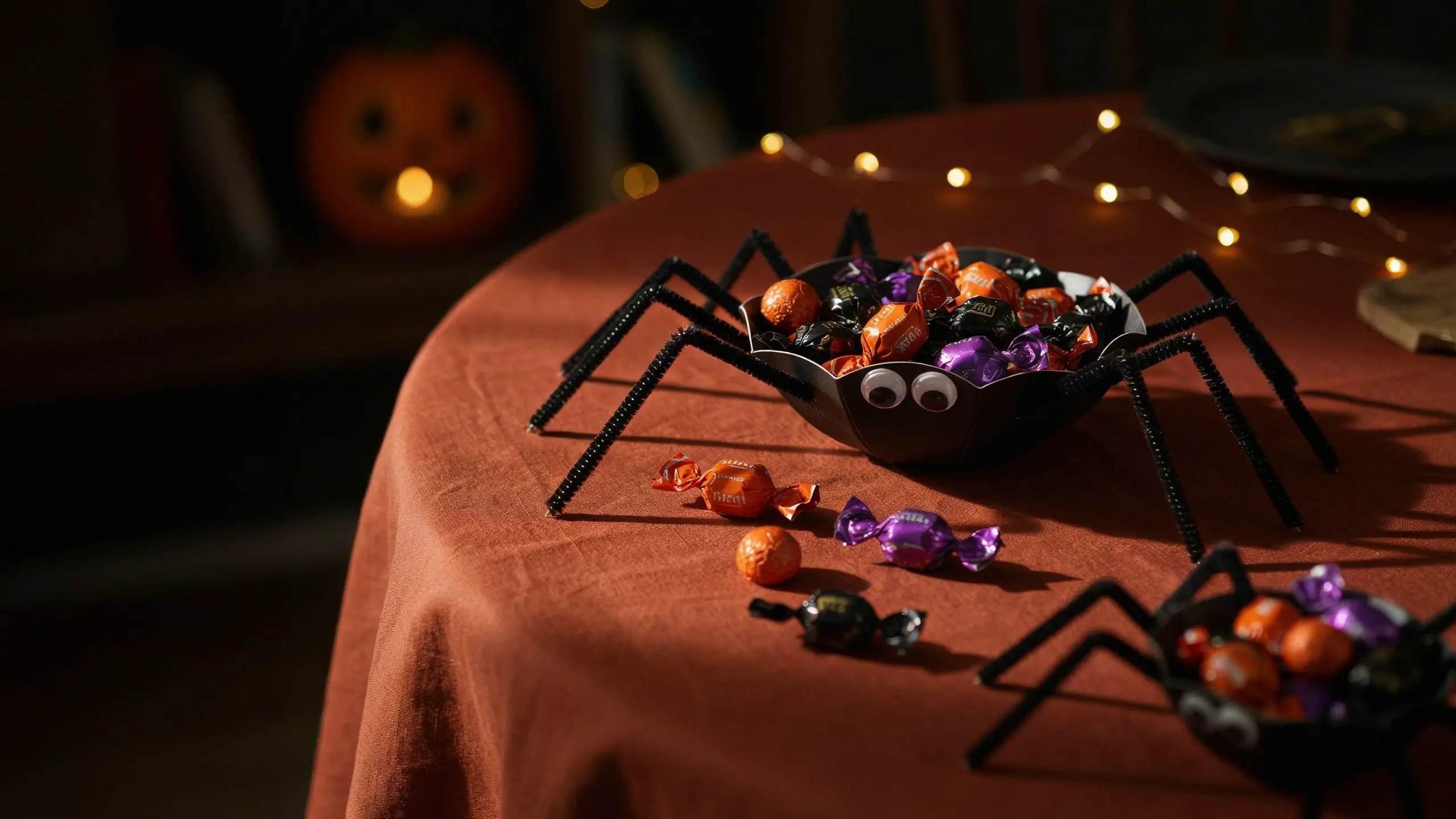 DIY paper plate spider treat bowl filled with Halloween candy, featuring black pipe cleaner legs and googly eyes, sitting on a rust-colored tablecloth.