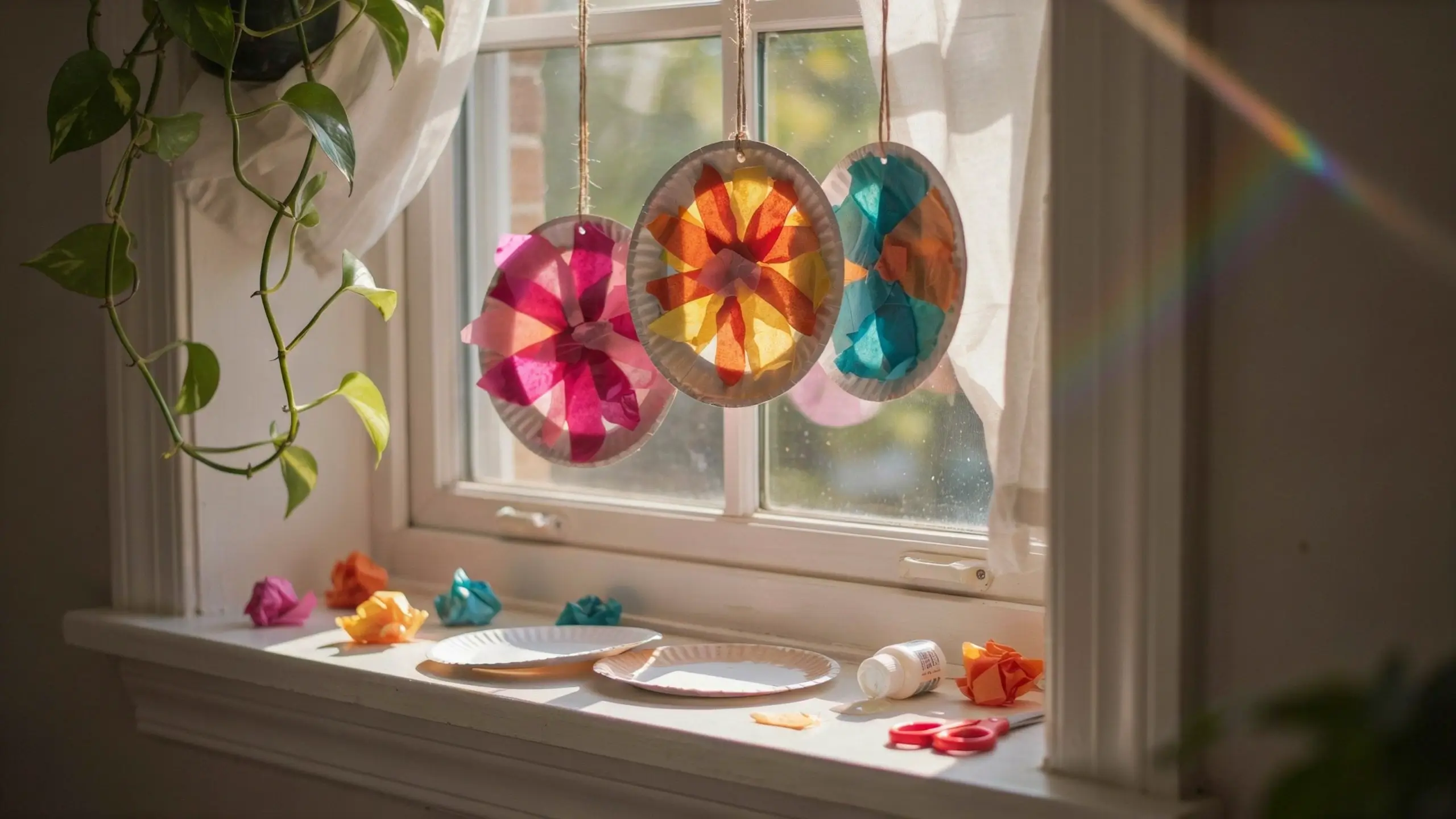 Colorful DIY paper plate sun catcher crafts hanging on a sunny window with tissue paper, glue, and scissors for a fun kids' art project.