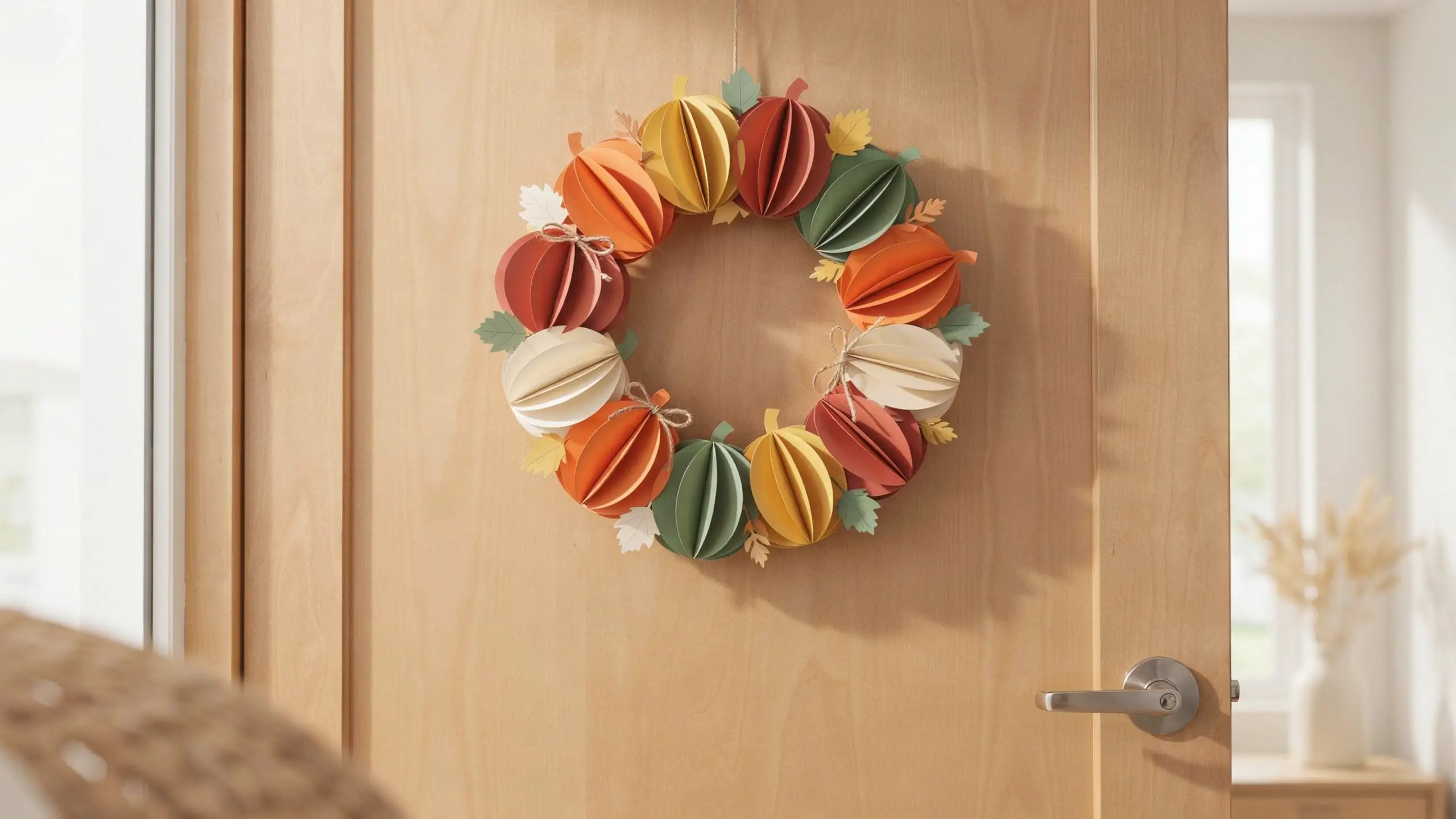 Handmade fall paper pumpkin wreath hanging on a light wood front door, featuring 3D folded orange, yellow, cream, and sage green pumpkins with mini twine bows and autumn leaves for Thanksgiving decoration.