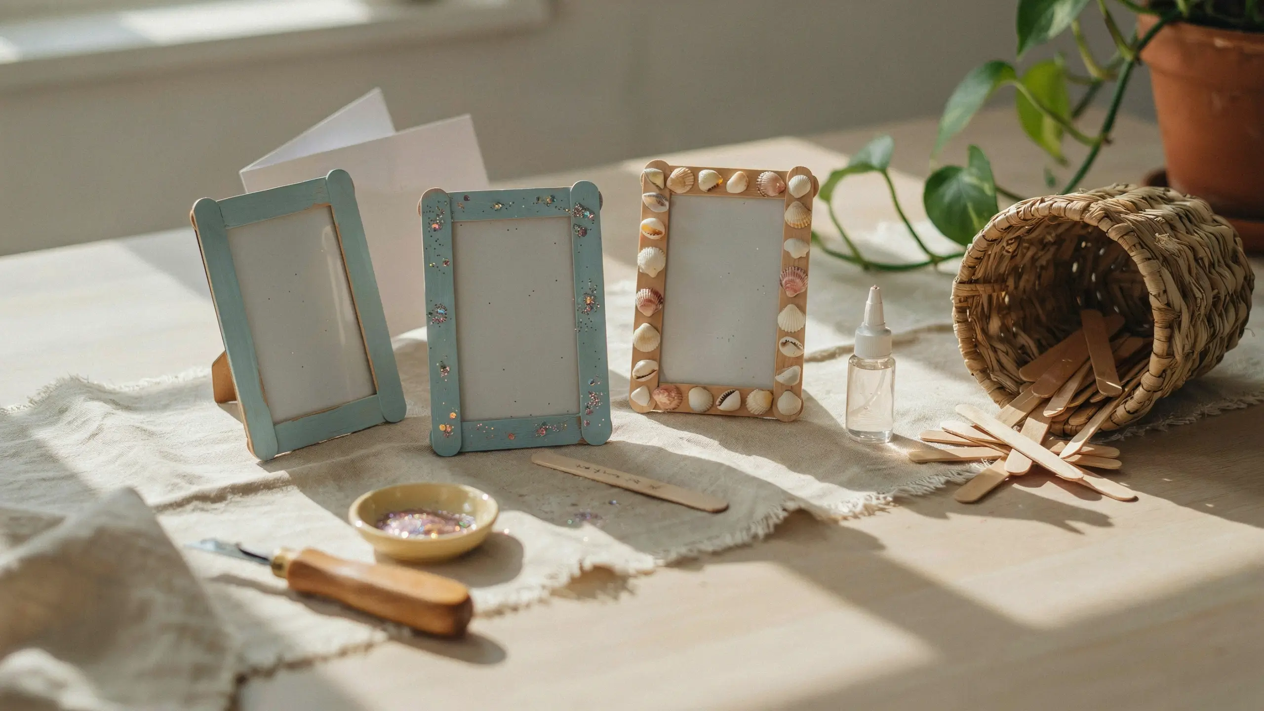 Three decorated DIY popsicle stick picture frames, two painted light blue with glitter accents and one natural wood frame embellished with small seashells, sitting on a sunny wooden craft table alongside a basket of wooden sticks, glue, and sparkles.