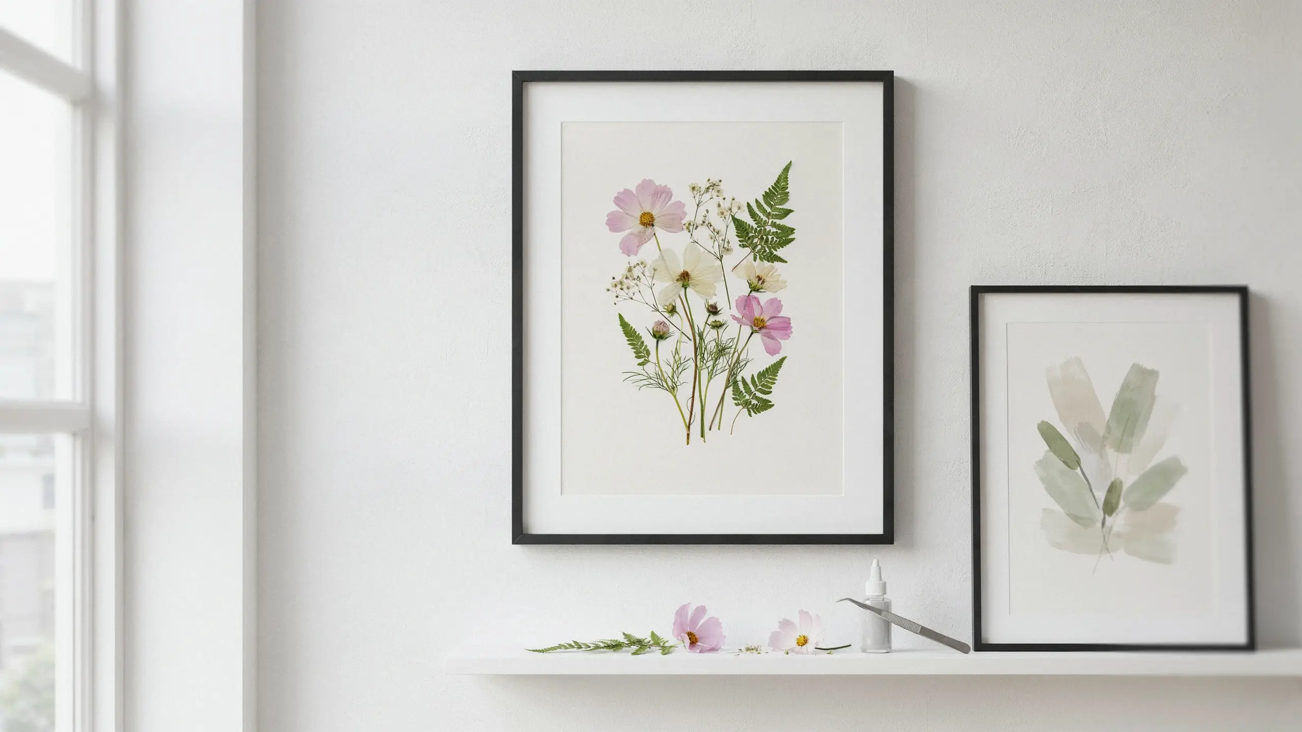 A minimalist DIY pressed flower art project featuring pink and white cosmos blooms with green fern leaves in black frames, arranged alongside craft glue and tweezers on a white shelf for a bright botanical wall display.