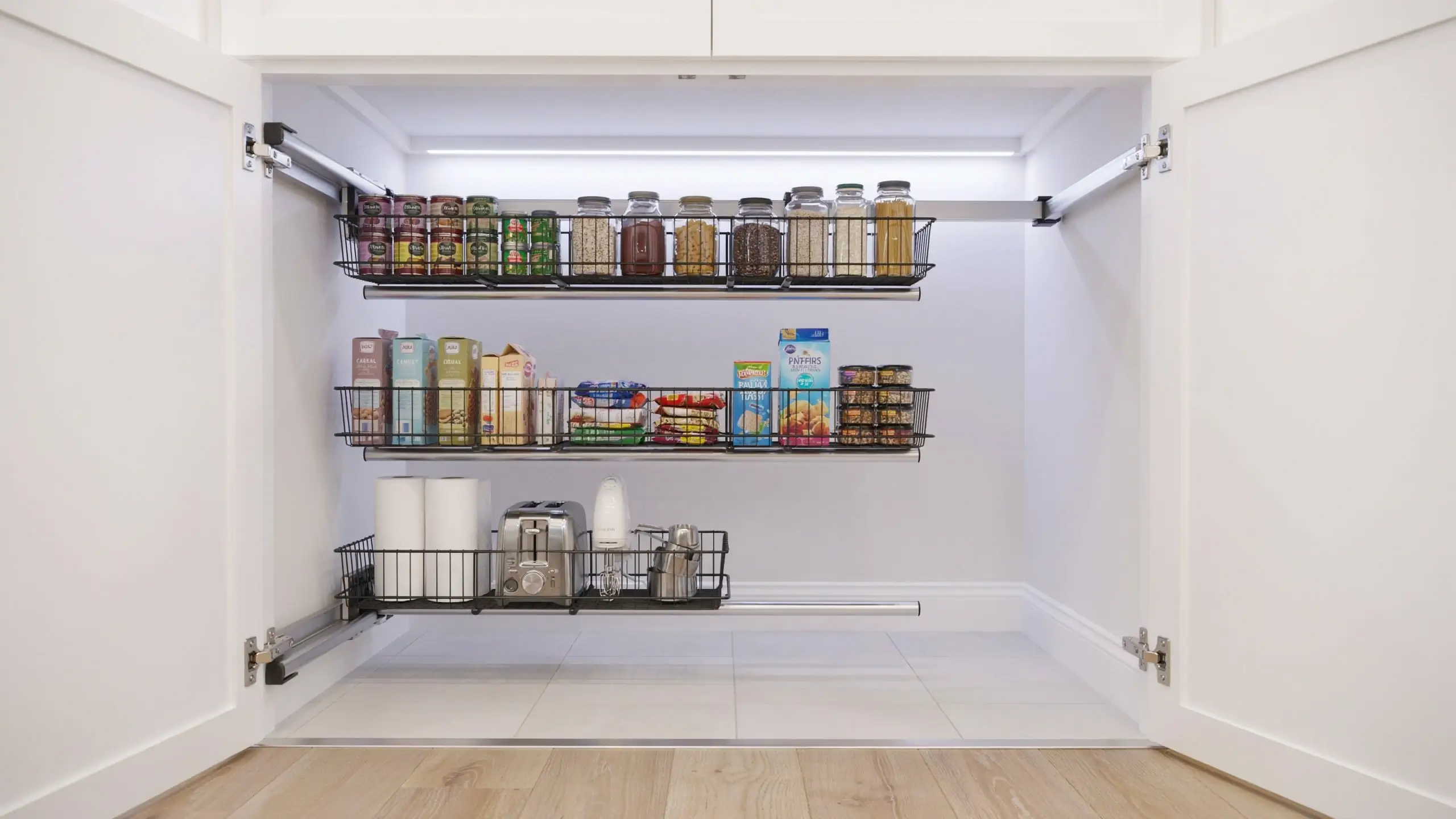 DIY pull-out pantry shelves with black wire baskets holding jars, cereal boxes, and small appliances inside a white kitchen cabinet