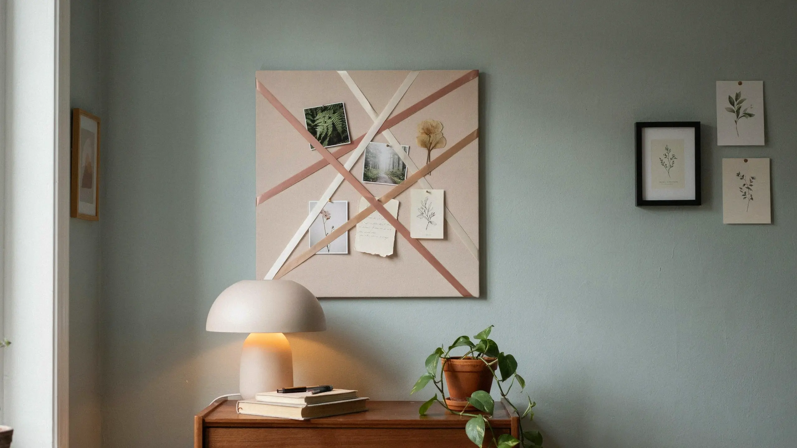 Ribbon photo display board holding botanical prints and a dried flower, styled on a sage green wall above a wooden table with a lamp.