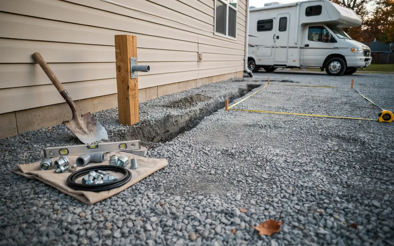 DIY RV hookup prep with gravel pad, trench, tools, and parked motorhome beside a house.