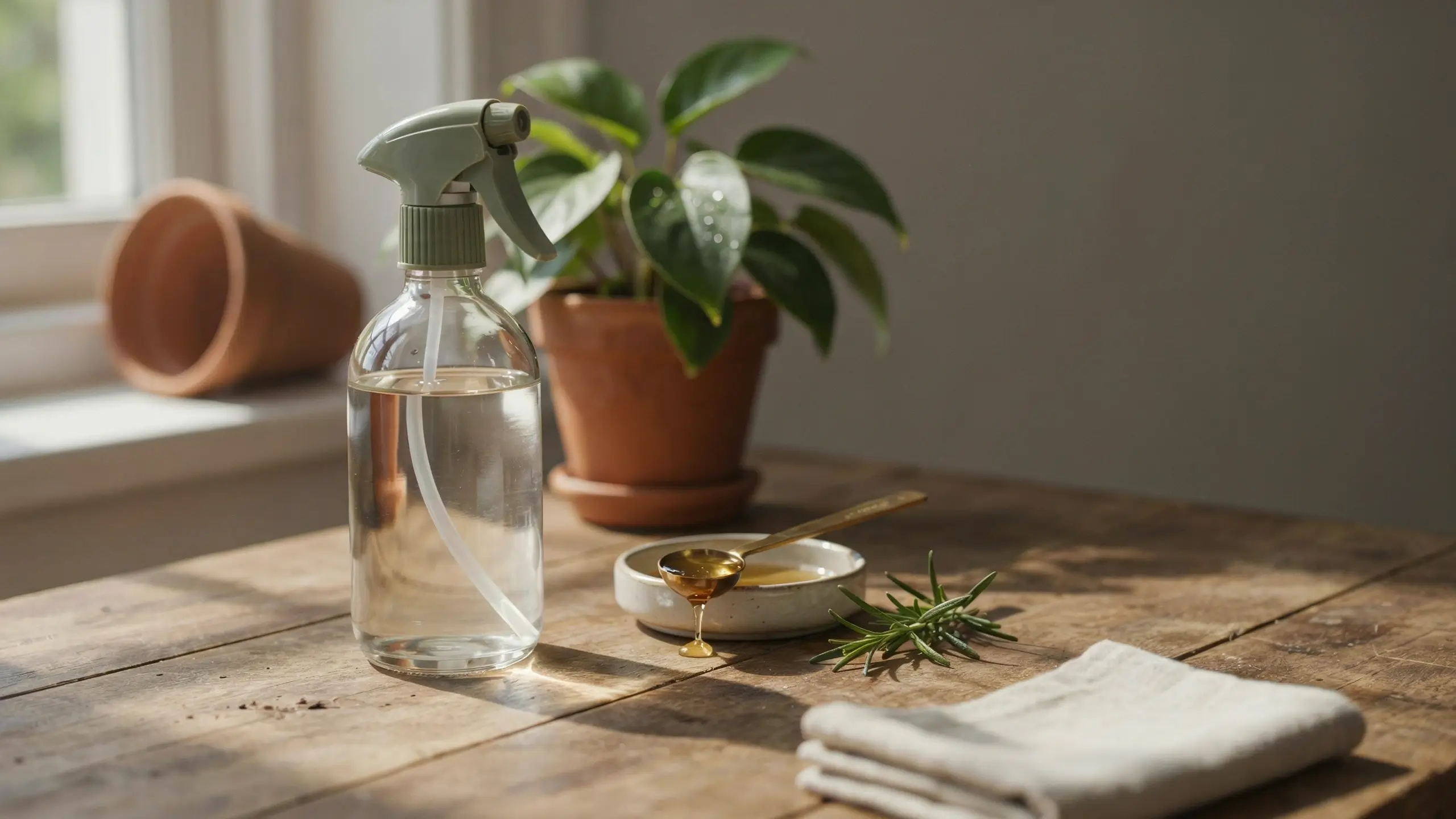 A clear glass spray bottle filled with a homemade soapy water mixture sitting on a rustic wooden table next to a lush potted houseplant, a spoonful of natural oil, and fresh rosemary for an eco-friendly DIY plant care routine. 