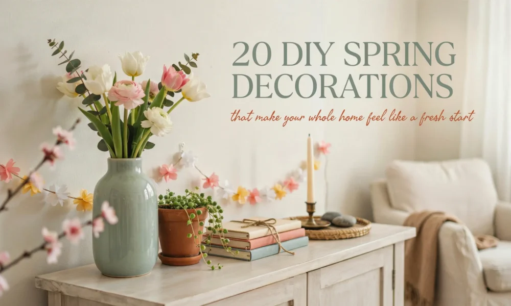 A bright, minimal spring home decor setup featuring a sage green vase filled with pastel pink tulips, a trailing pothos plant in a terracotta pot, stacked decorative books tied with twine, and a paper flower garland, overlaid with the text "20 DIY Spring Decorations that make your whole home feel like a fresh start".