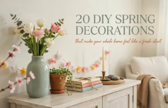 A bright, minimal spring home decor setup featuring a sage green vase filled with pastel pink tulips, a trailing pothos plant in a terracotta pot, stacked decorative books tied with twine, and a paper flower garland, overlaid with the text "20 DIY Spring Decorations that make your whole home feel like a fresh start".