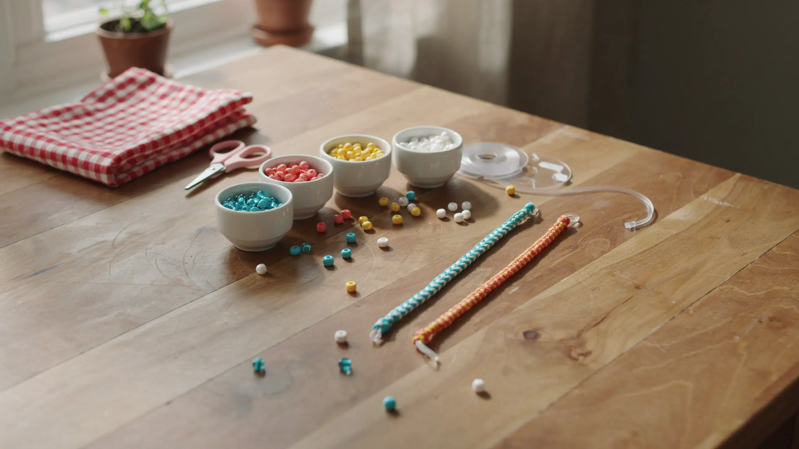 Overhead flat lay of DIY stretchy bracelets being made on a wooden table, showcasing small bowls of teal, pink, yellow, and white accent beads, pink craft scissors, a clear elastic cord spool, and two completed beaded bracelets.