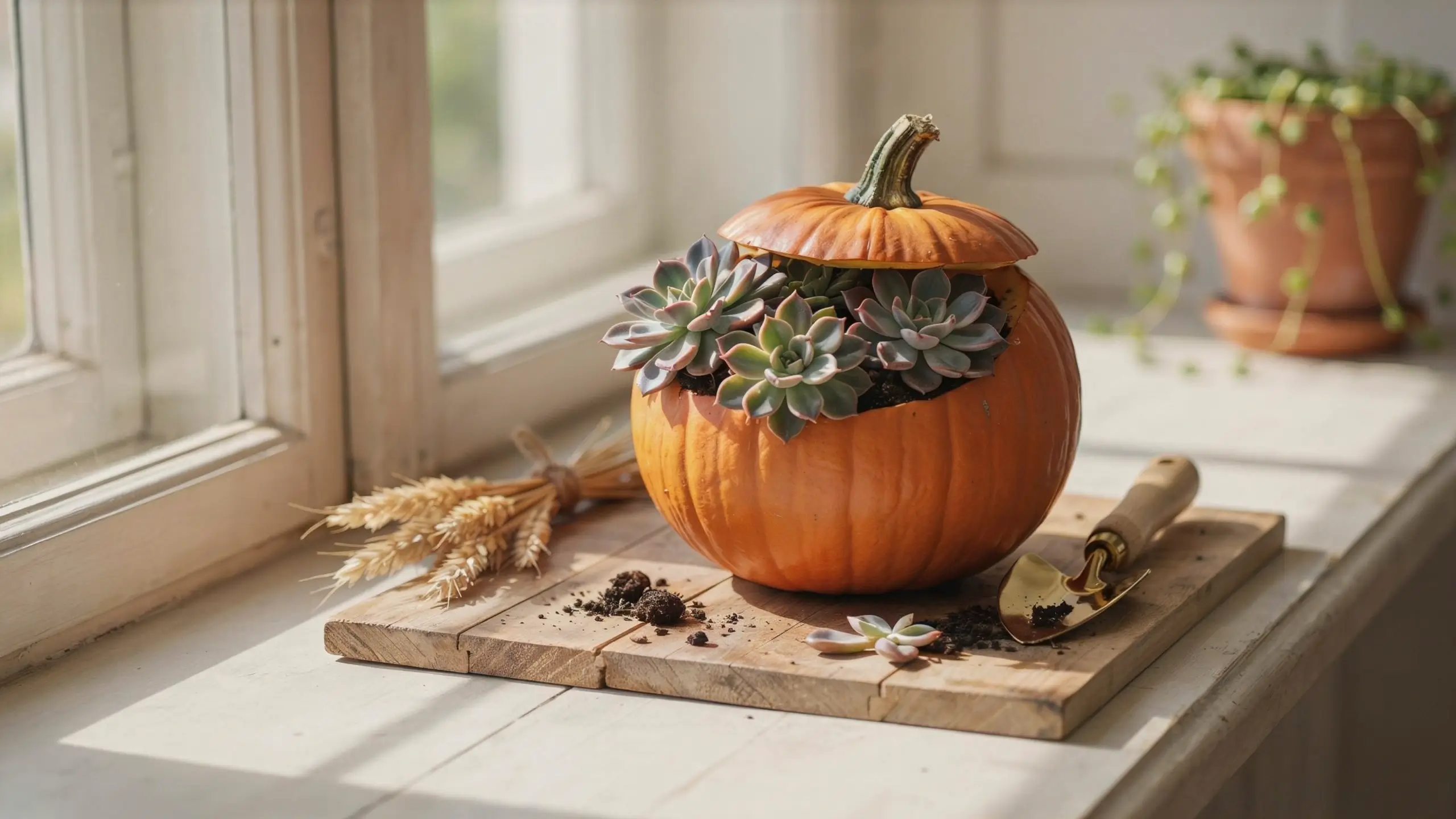 DIY autumn decor: A hollowed orange pumpkin filled with layered rosette succulents, resting on a rustic wooden board alongside a gardening trowel and dried wheat, sitting in natural sunlight on a white window sill.
