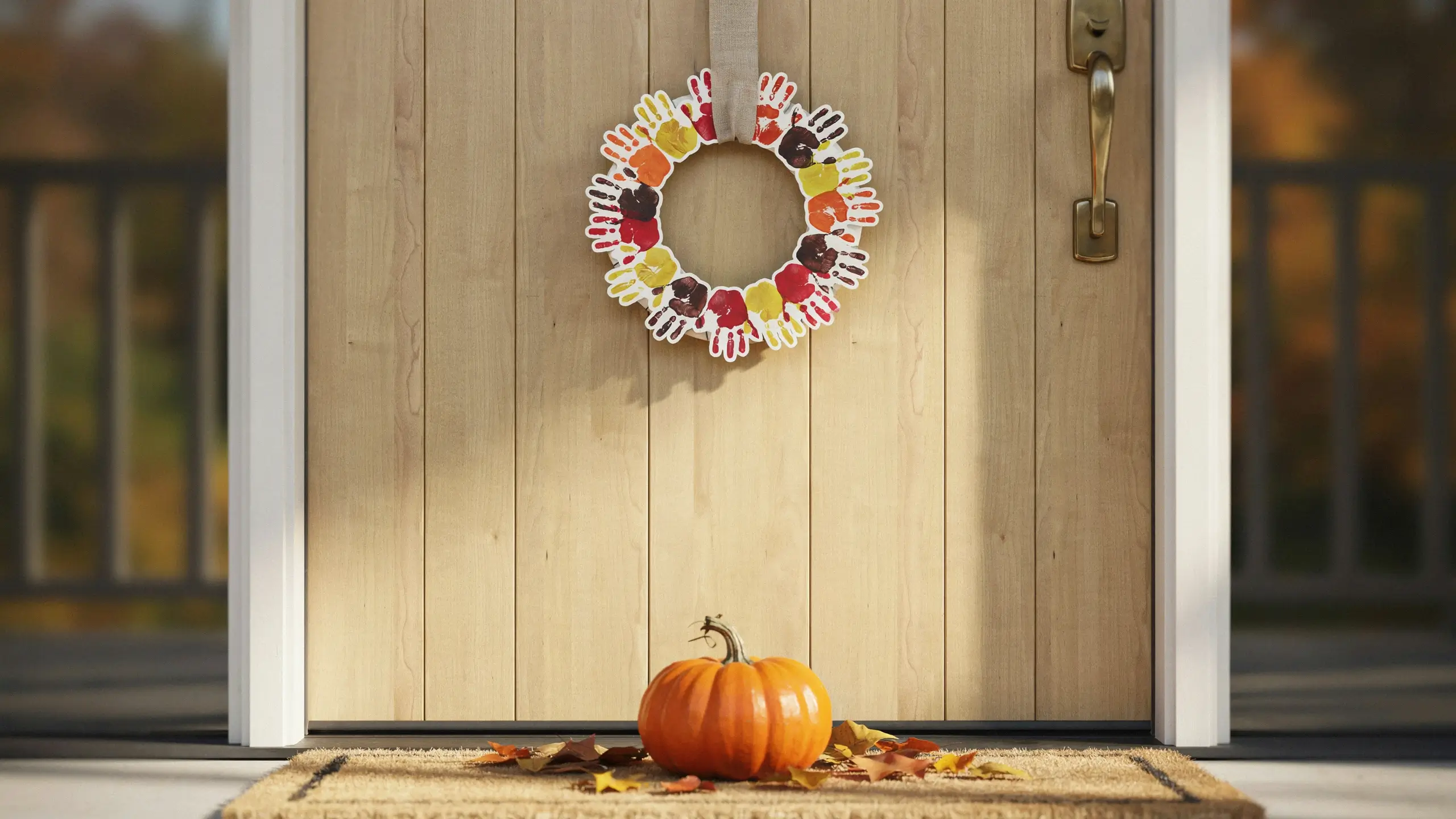 A DIY autumn handprint wreath featuring colorful red, orange, yellow, and brown painted hand cutouts, hanging on a light-wood front door with a beige ribbon, above a bright pumpkin and scattered fall leaves on a welcome mat.