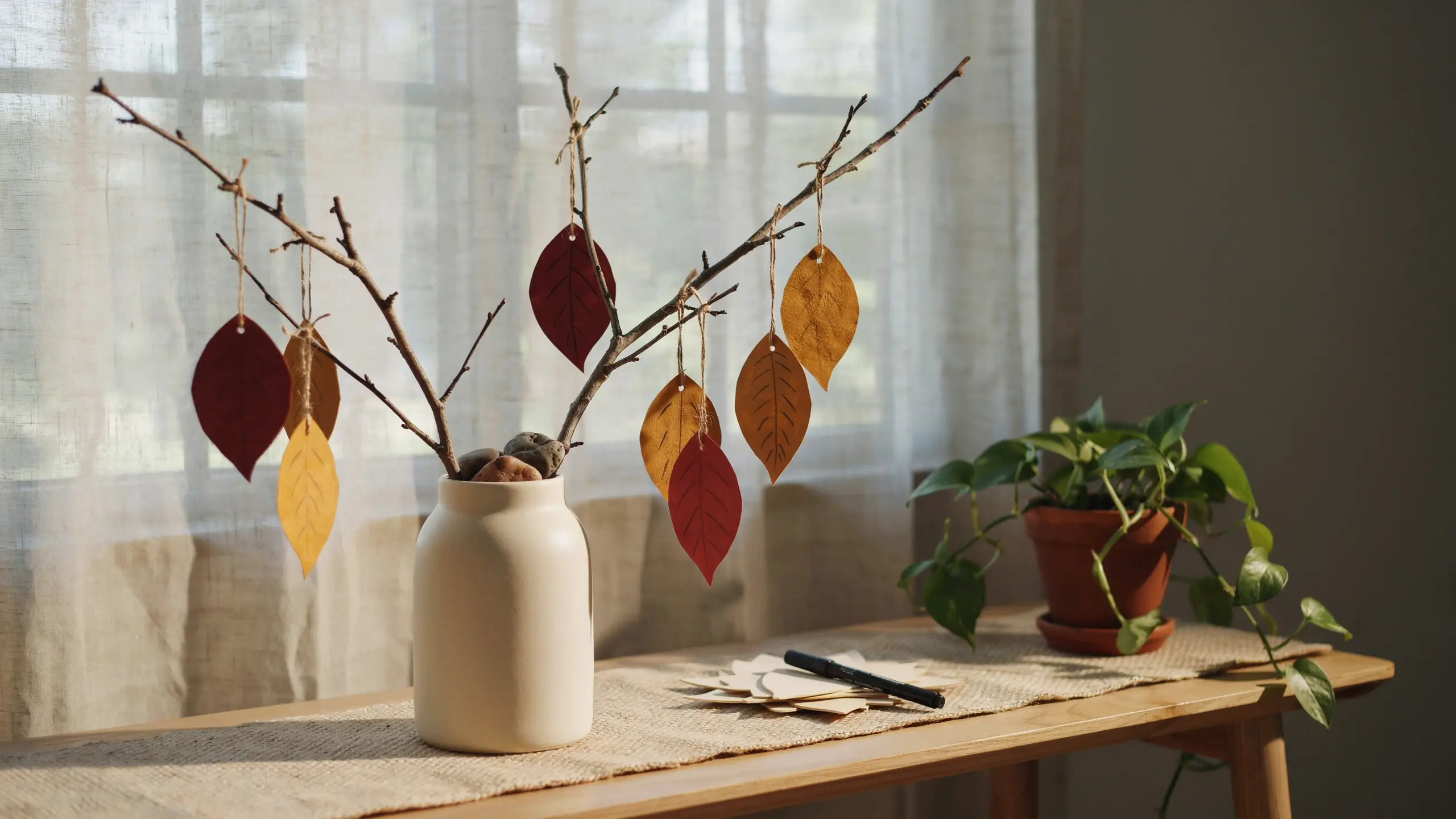 A DIY thankful tree craft displayed in a white ceramic jar, featuring bare branches adorned with hanging paper autumn leaf ornaments in shades of red, orange, and yellow, resting on a wooden table with a woven runner.