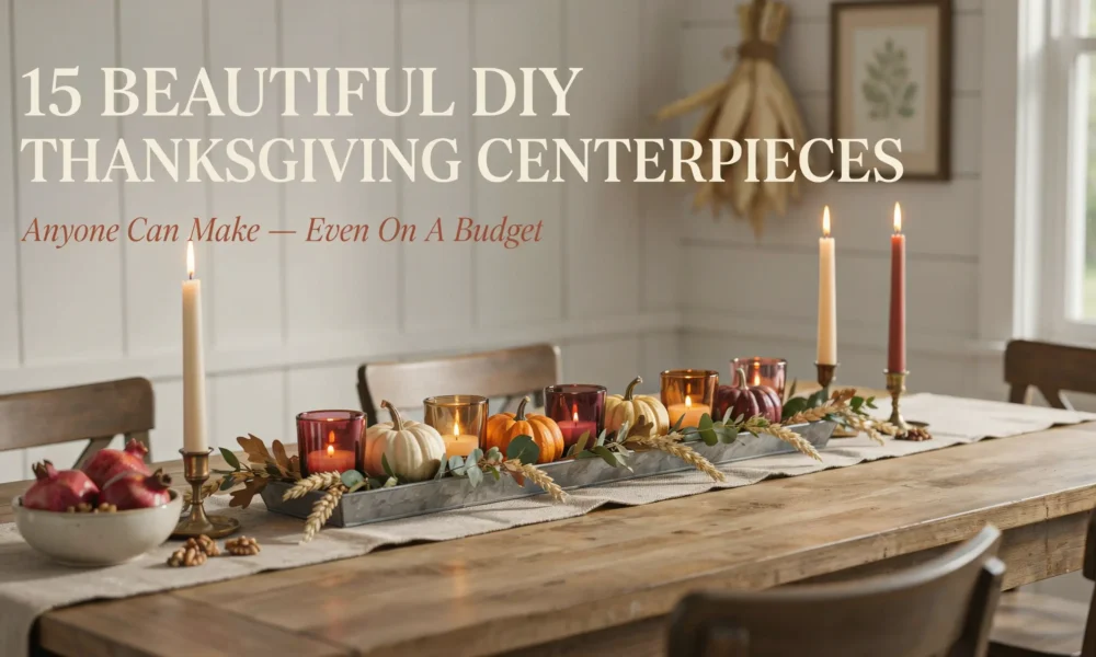 Rustic DIY Thanksgiving centerpiece with pumpkins, glass candle holders, and dried wheat on a wooden dining table.