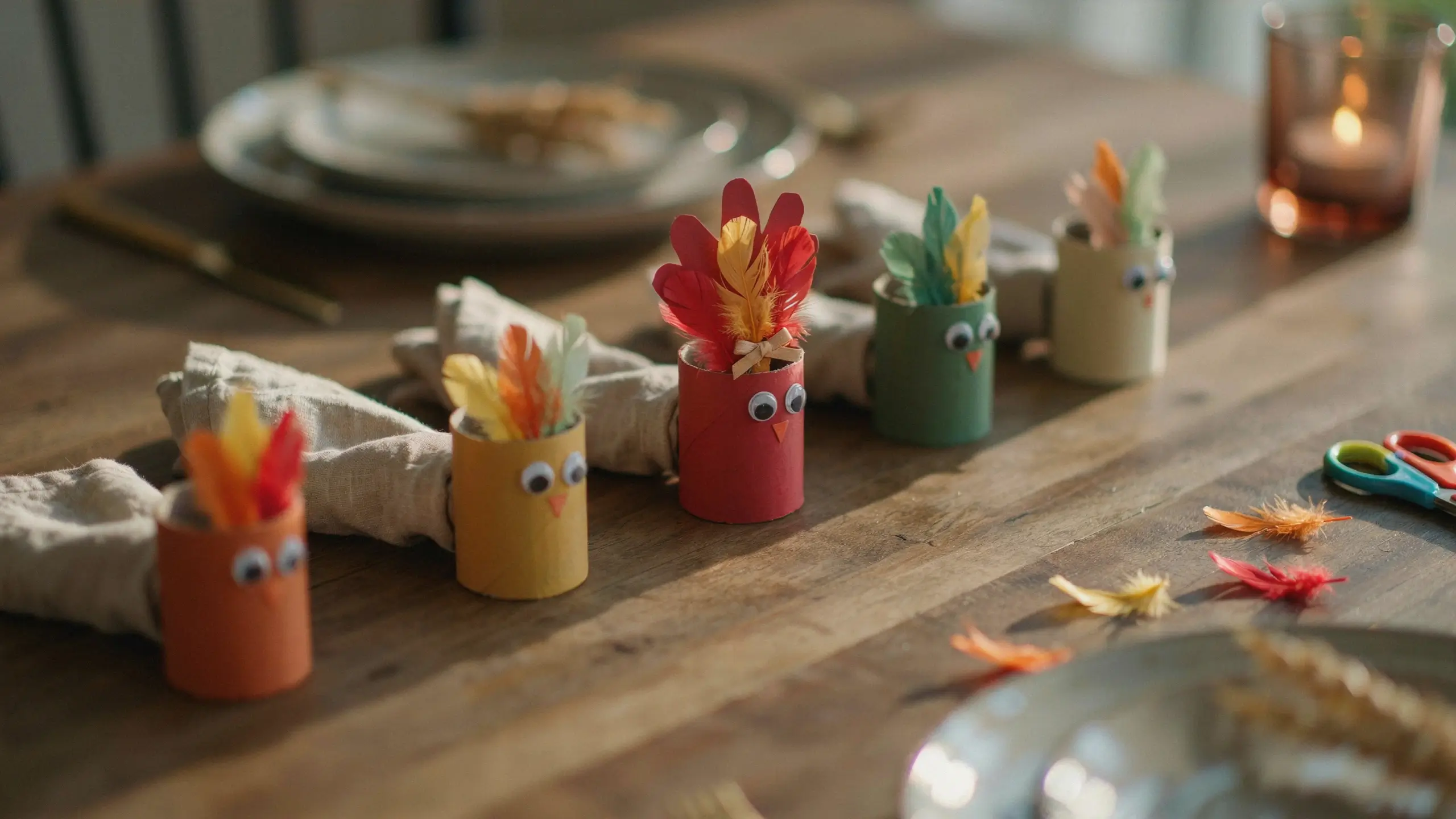 Handmade turkey napkin rings made from painted cardboard tubes with feathers and googly eyes for a Thanksgiving holiday table setting