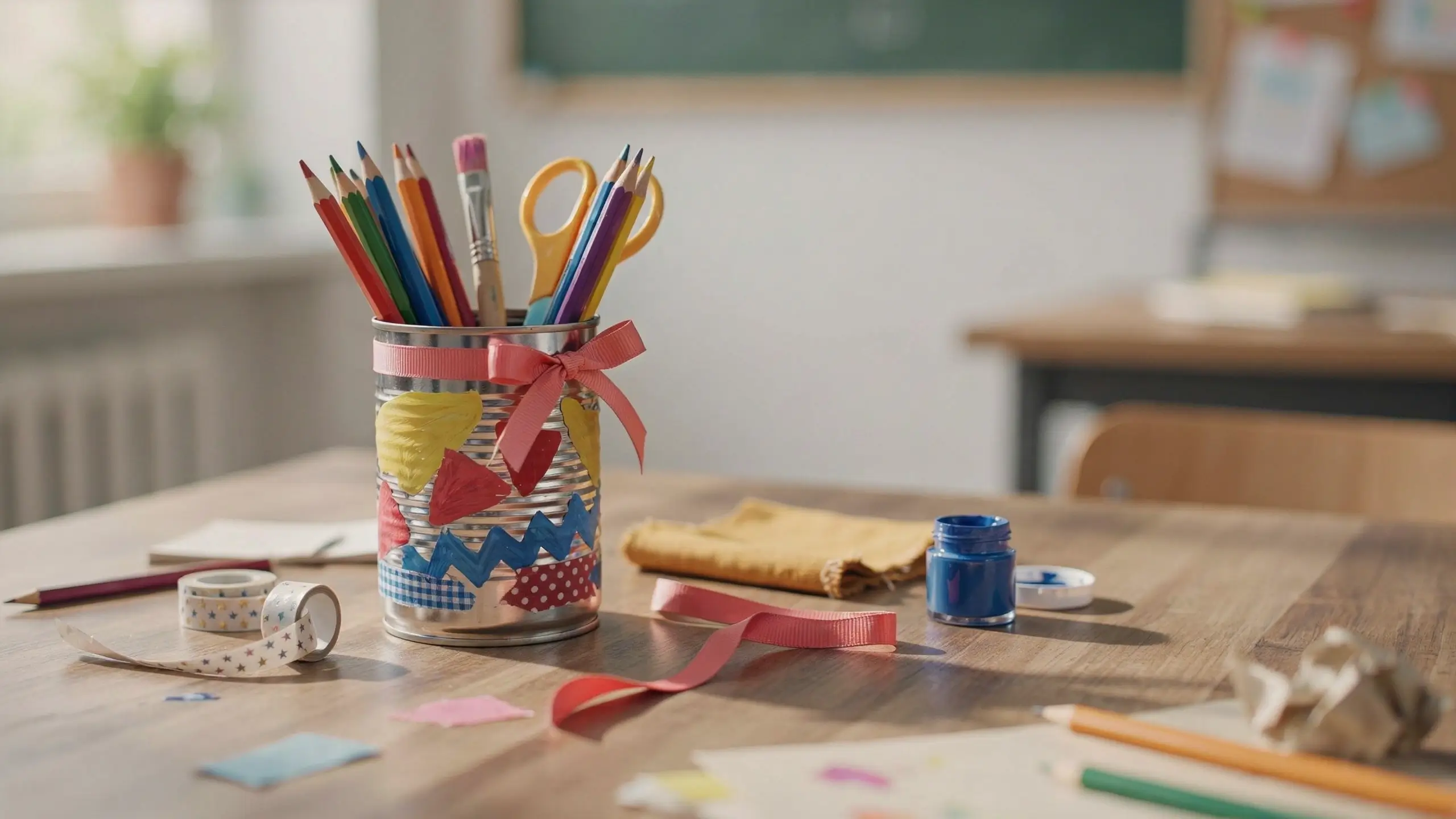 Decorated tin can pencil and brush holder filled with colored pencils, scissors, and paintbrushes on a craft table.