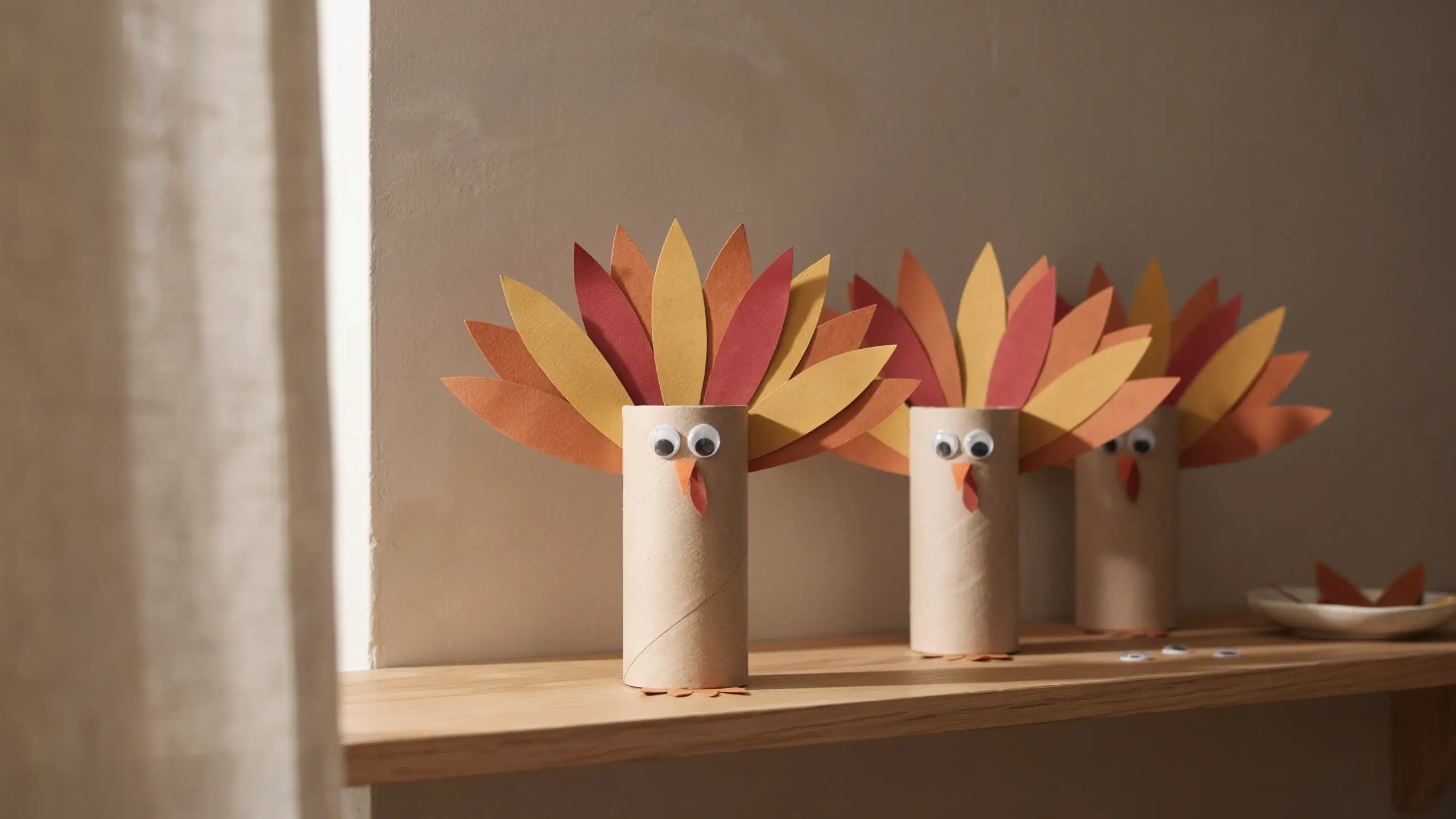 Three handcrafted toilet paper roll turkeys with vibrant autumn-colored paper feathers, googly eyes, and orange paper beaks, sitting in a row on a light wooden shelf against a neutral beige wall.