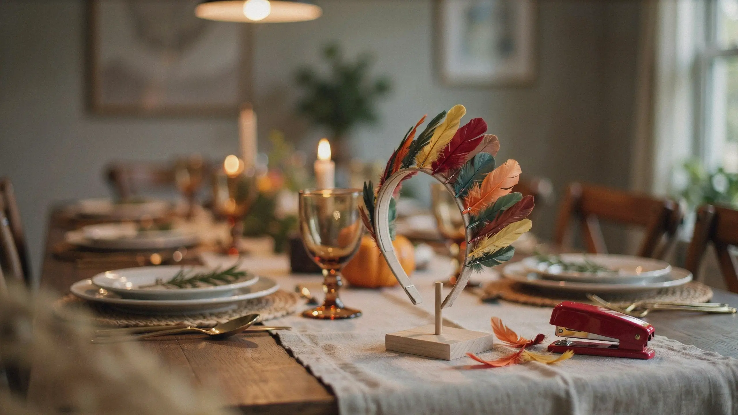 Handmade turkey feather headband with colorful fall feathers displayed on a wooden stand next to a red stapler, set on a rustic Thanksgiving dining table with plates and candles.