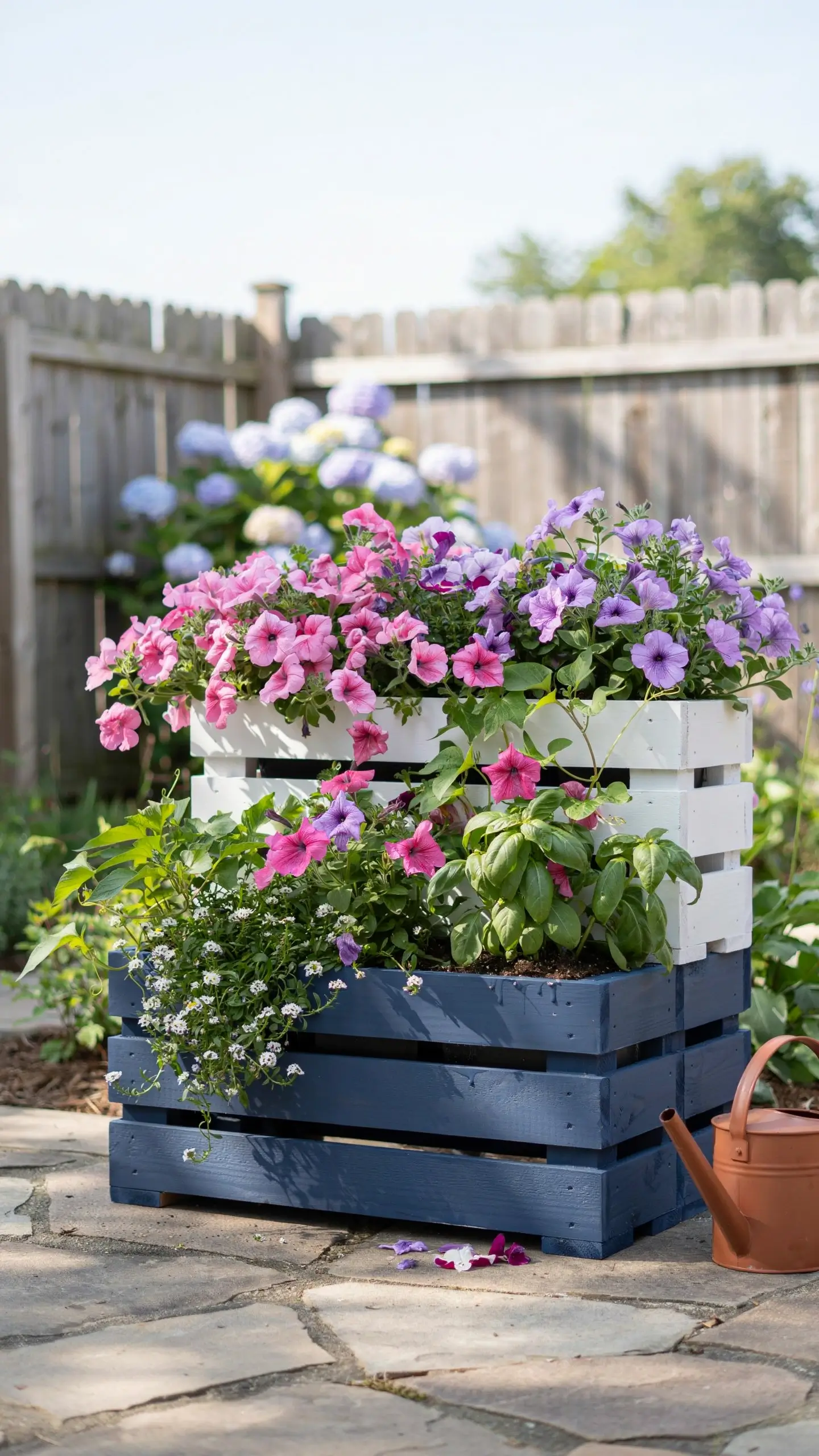 "DIY two-tier wooden pallet planter painted white and navy blue, blooming with cascading pink and purple petunias and white trailing flowers on a sunny stone patio." 