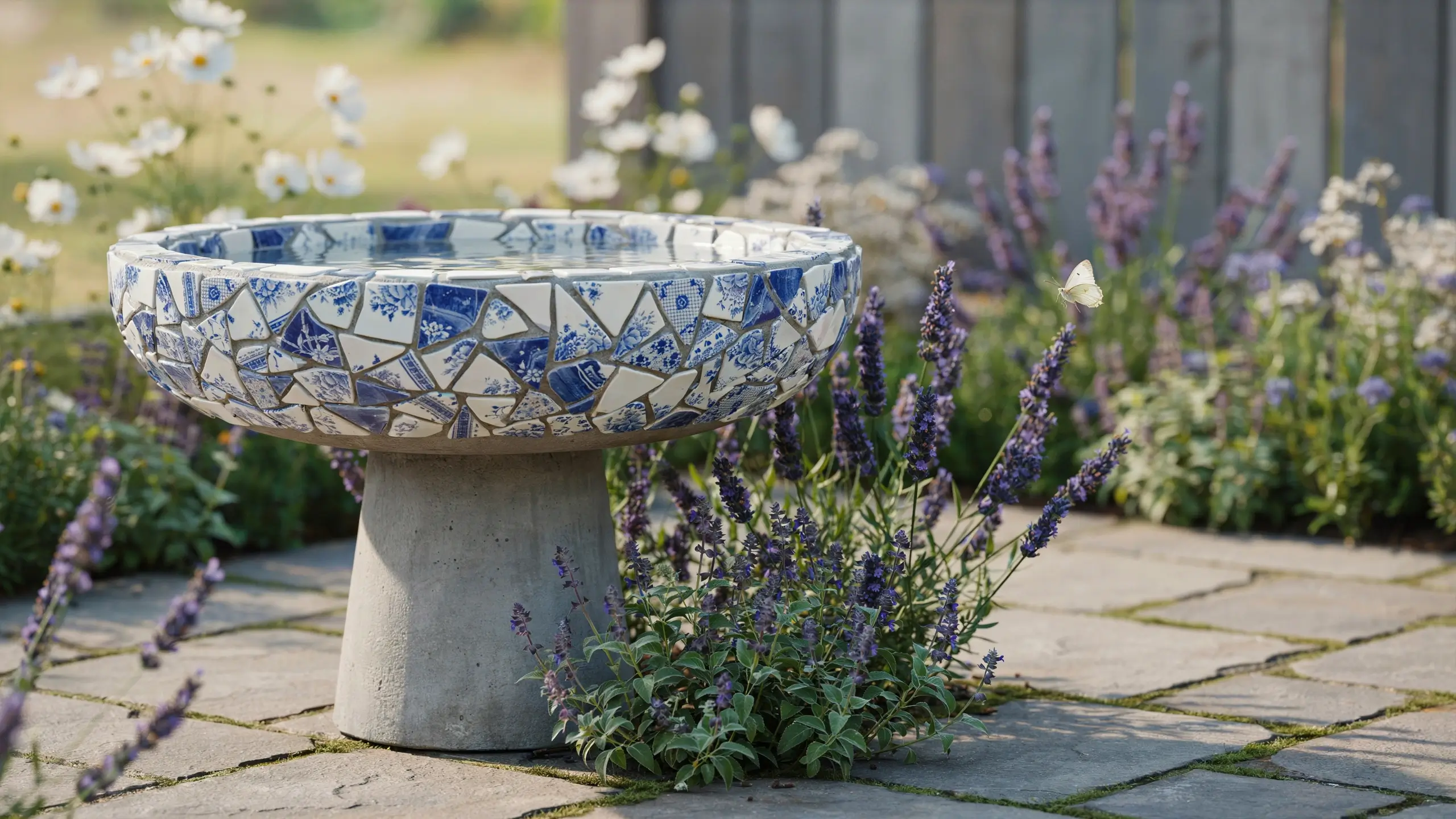 A DIY upcycled mosaic birdbath crafted from broken blue and white ceramic thrift store plates, sitting on a stone patio amongst blooming lavender bushes with a small white butterfly hovering nearby. 