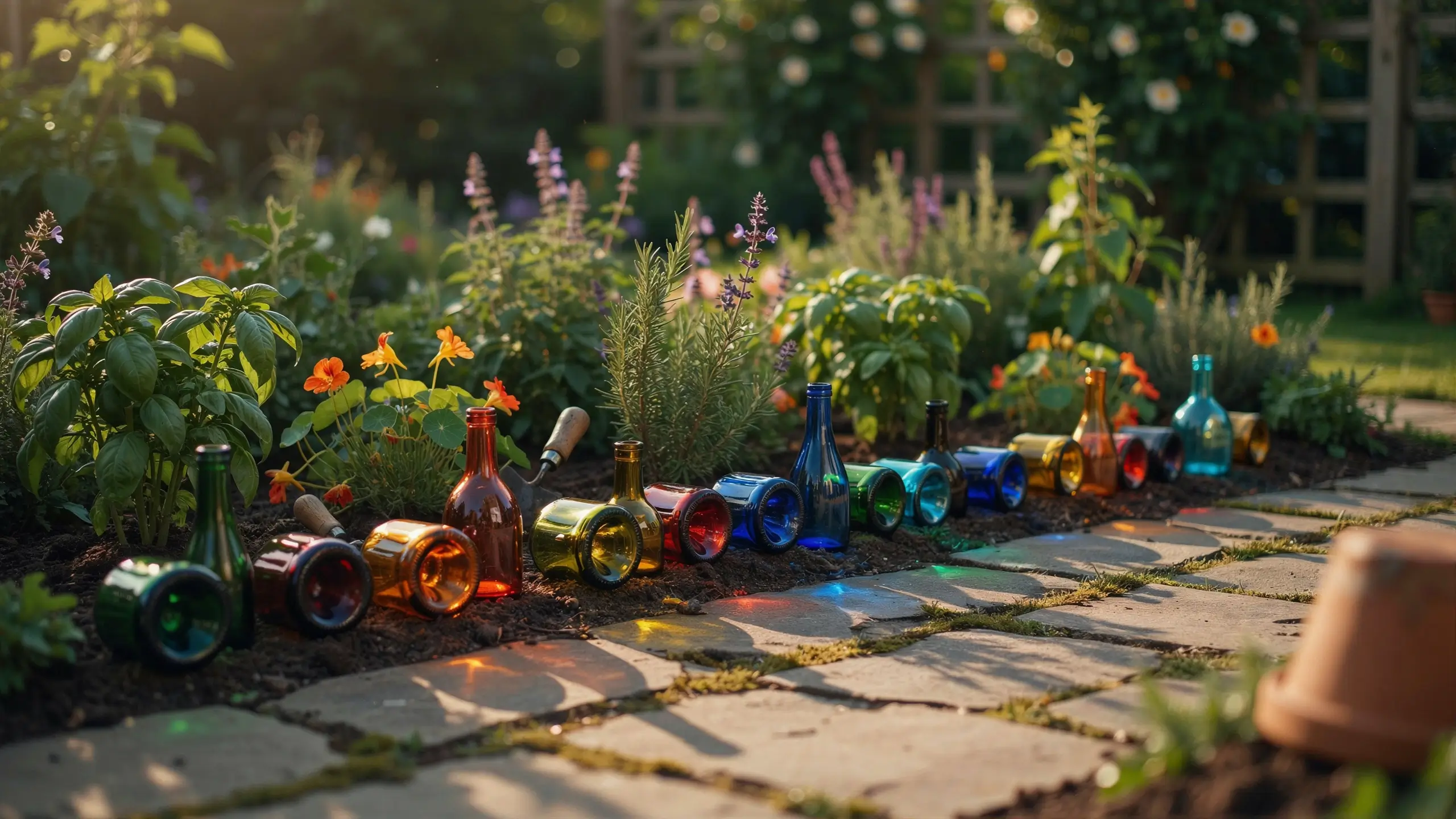 Colorful upcycled wine bottles used as a rustic DIY garden border edging alongside a stone pathway in a sunny herb garden, featuring basil, lavender, and orange marigold flowers. 