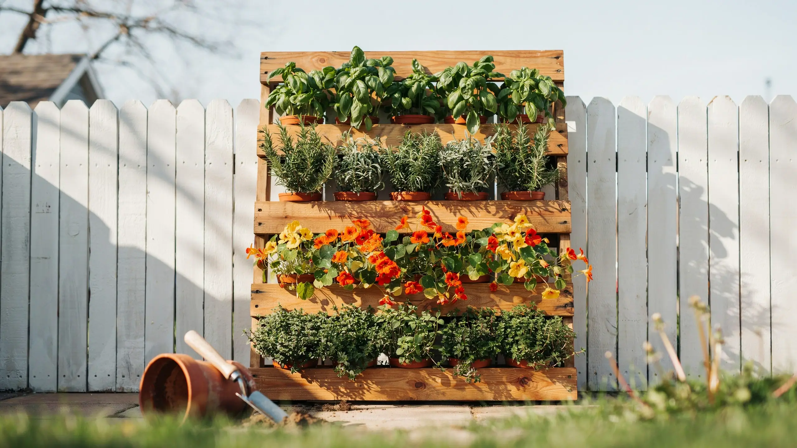 DIY vertical pallet herb garden growing basil, rosemary, and blooming orange nasturtium flowers, positioned outdoors against a white picket fence. 