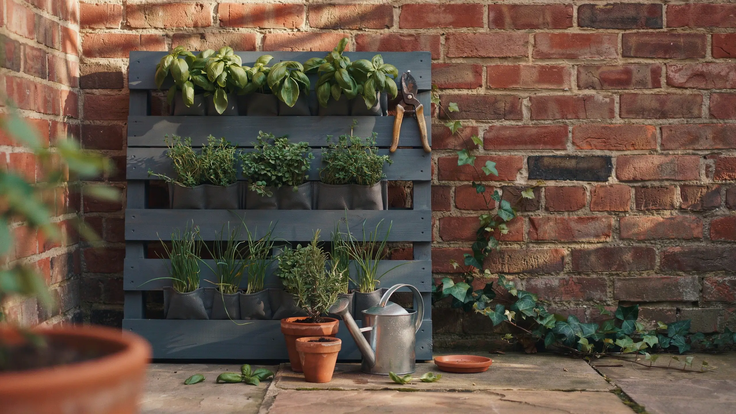 Vertical pallet herb garden with basil, rosemary, chives, and thyme in fabric pockets, positioned against a rustic brick wall with a metal watering can and pruning shears.'