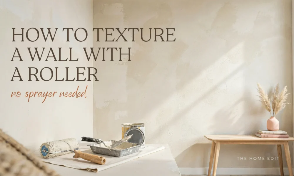 DIY wall texturing with a paint roller and tools, featuring a no-sprayer method and finished textured wall.