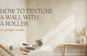 DIY wall texturing with a paint roller and tools, featuring a no-sprayer method and finished textured wall.