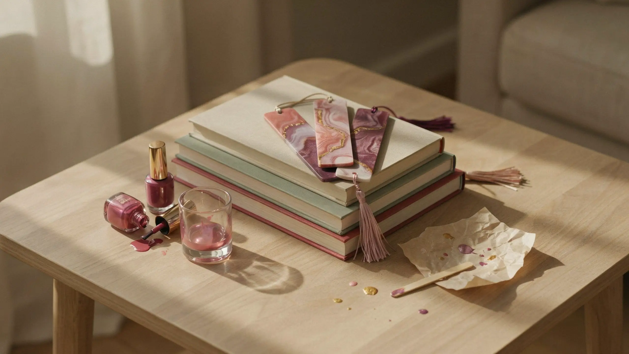 Three handmade DIY water-marbled nail polish bookmarks with pink, mauve, and gold swirled designs and silky tassels resting on a stack of hardcover books, surrounded by open nail polish bottles, a glass of water, and crafting tools on a sunlit wooden table. 